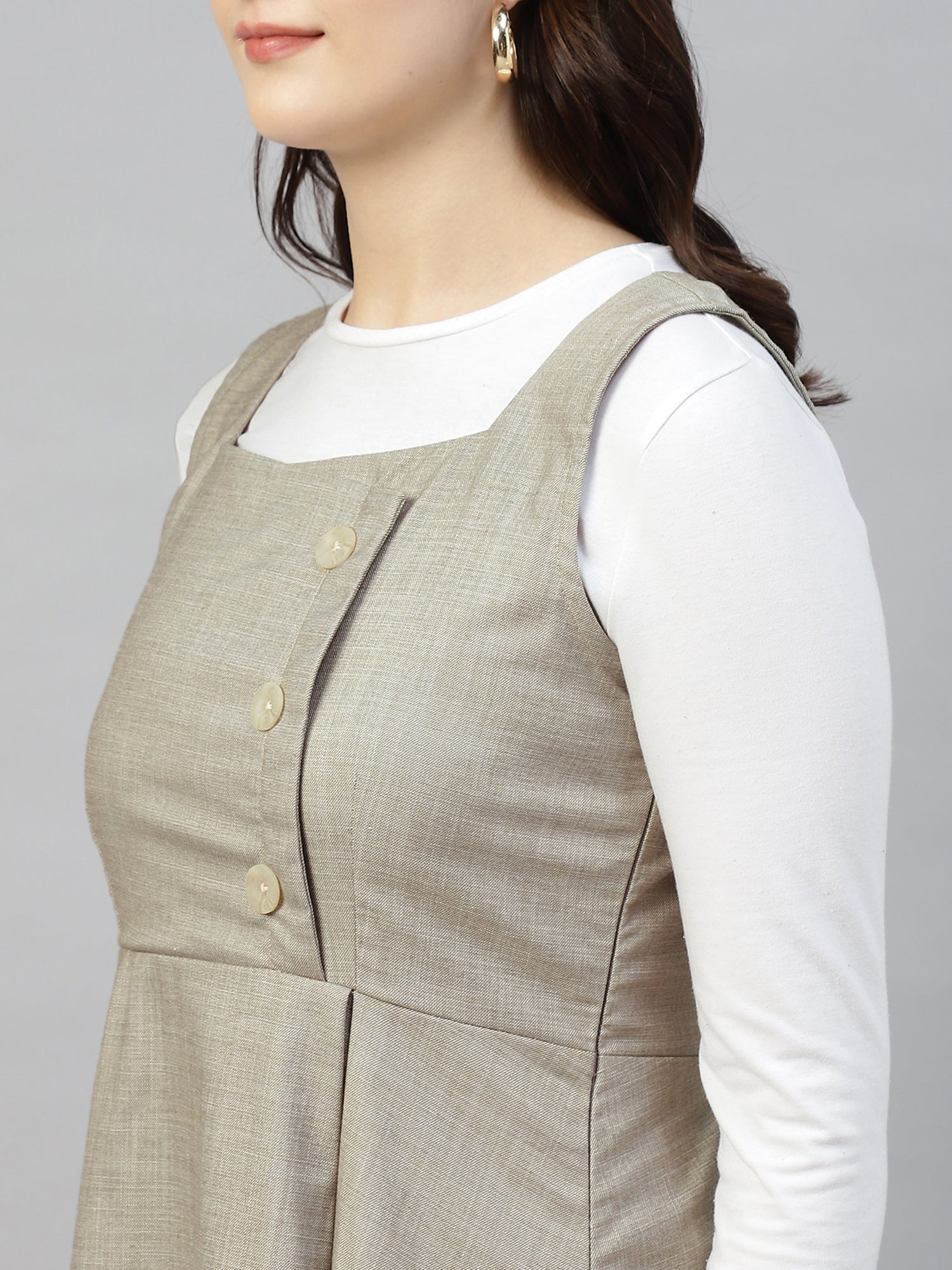 Women’s Stone Grey Buttoned Pinafore Midi Dress – Checked Calf-Length -2948
