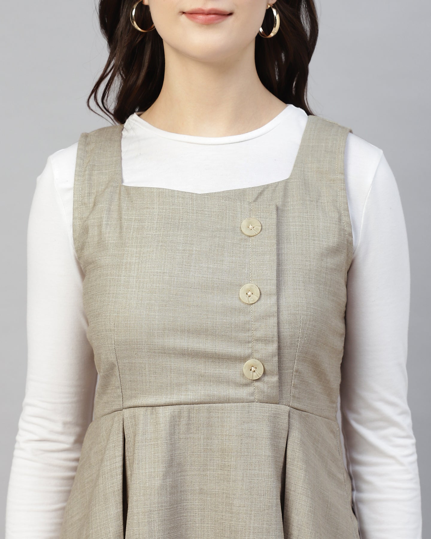 Women’s Stone Grey Buttoned Pinafore Midi Dress – Checked Calf-Length -2948