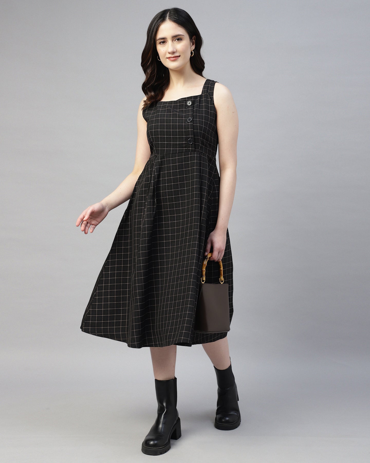Women’s Black Checked Buttoned Pinafore Midi Dress – Plaid Calf-Length -2949