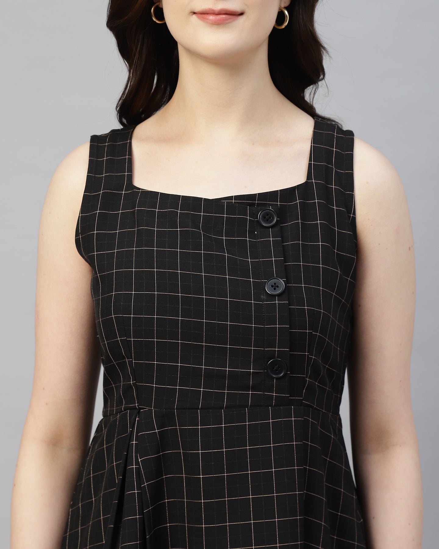 Women’s Black Checked Buttoned Pinafore Midi Dress – Plaid Calf-Length -2949