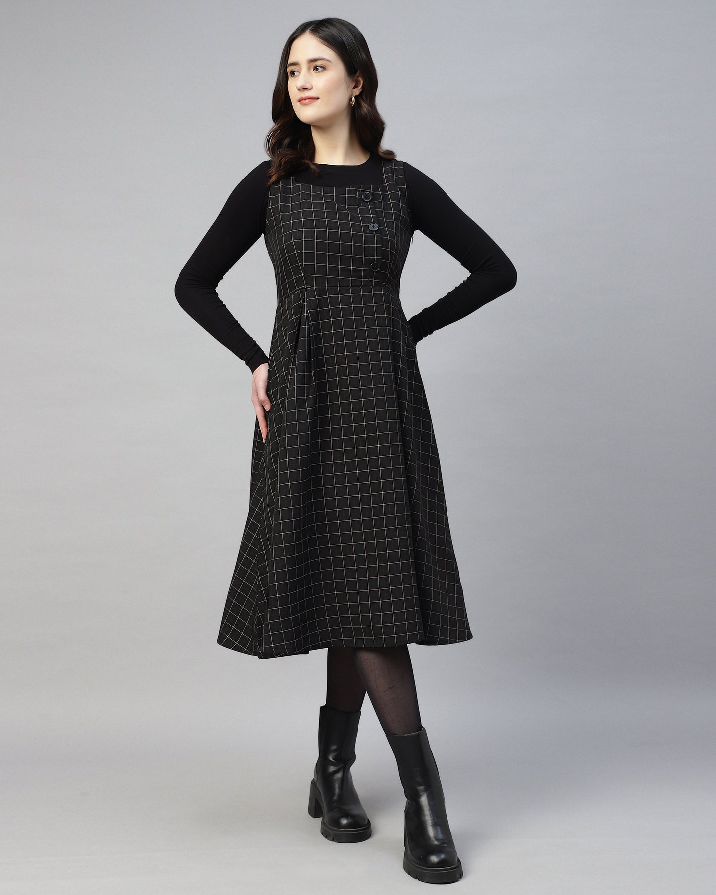 Women’s Black Checked Buttoned Pinafore Midi Dress – Plaid Calf-Length -2949
