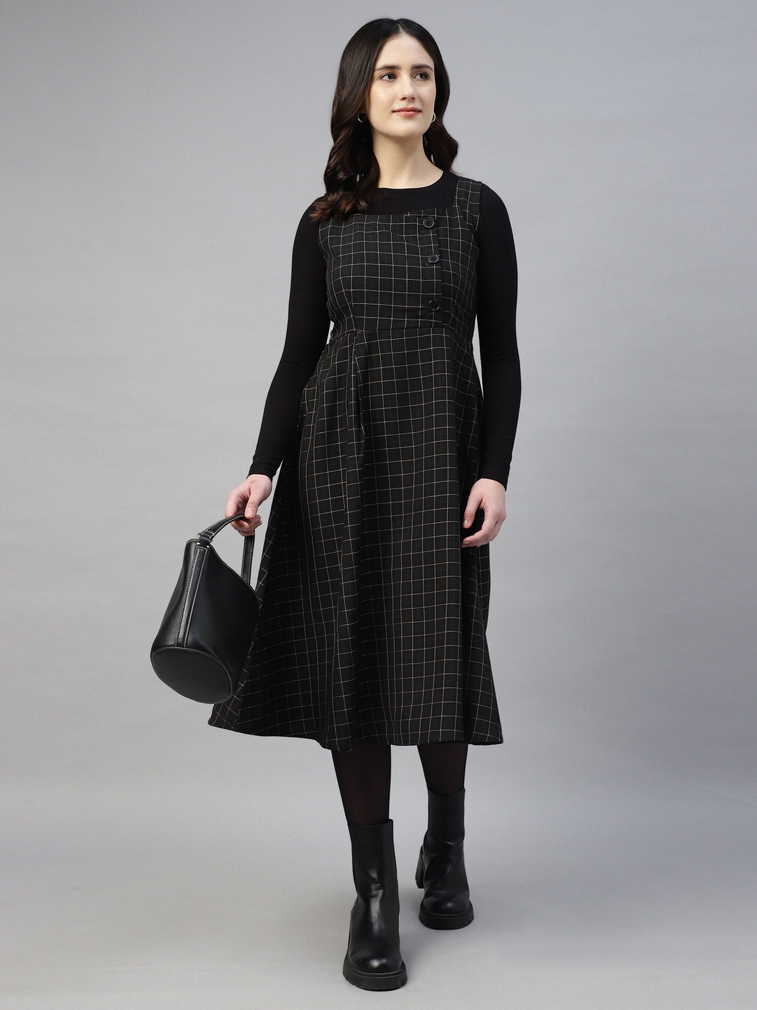 Women’s Black Checked Buttoned Pinafore Midi Dress – Plaid Calf-Length -2949