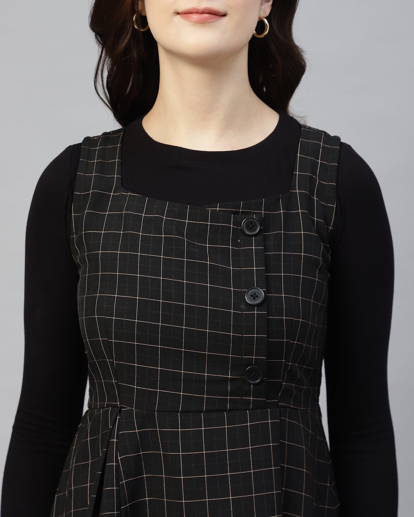 Women’s Black Checked Buttoned Pinafore Midi Dress – Plaid Calf-Length -2949