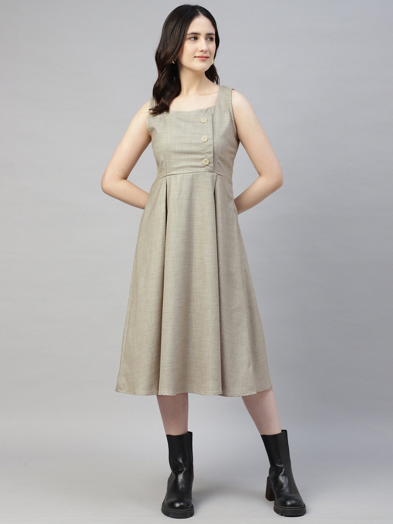 Women’s Stone Grey Buttoned Pinafore Midi Dress – Checked Calf-Length -2948