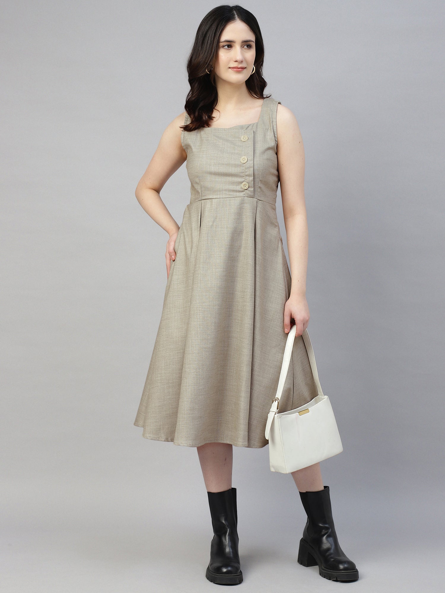 Women’s Stone Grey Buttoned Pinafore Midi Dress – Checked Calf-Length -2948