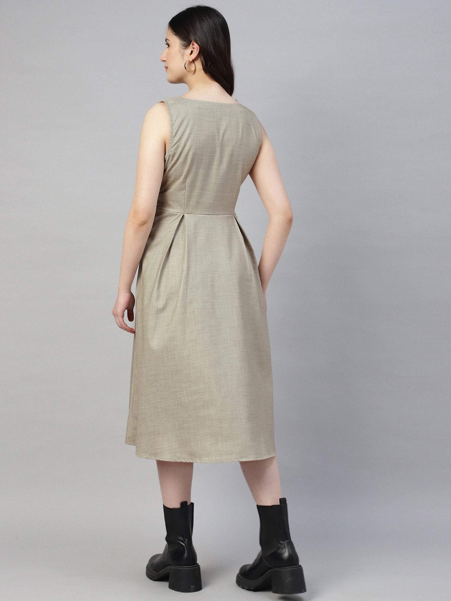 Women’s Stone Grey Buttoned Pinafore Midi Dress – Checked Calf-Length -2948