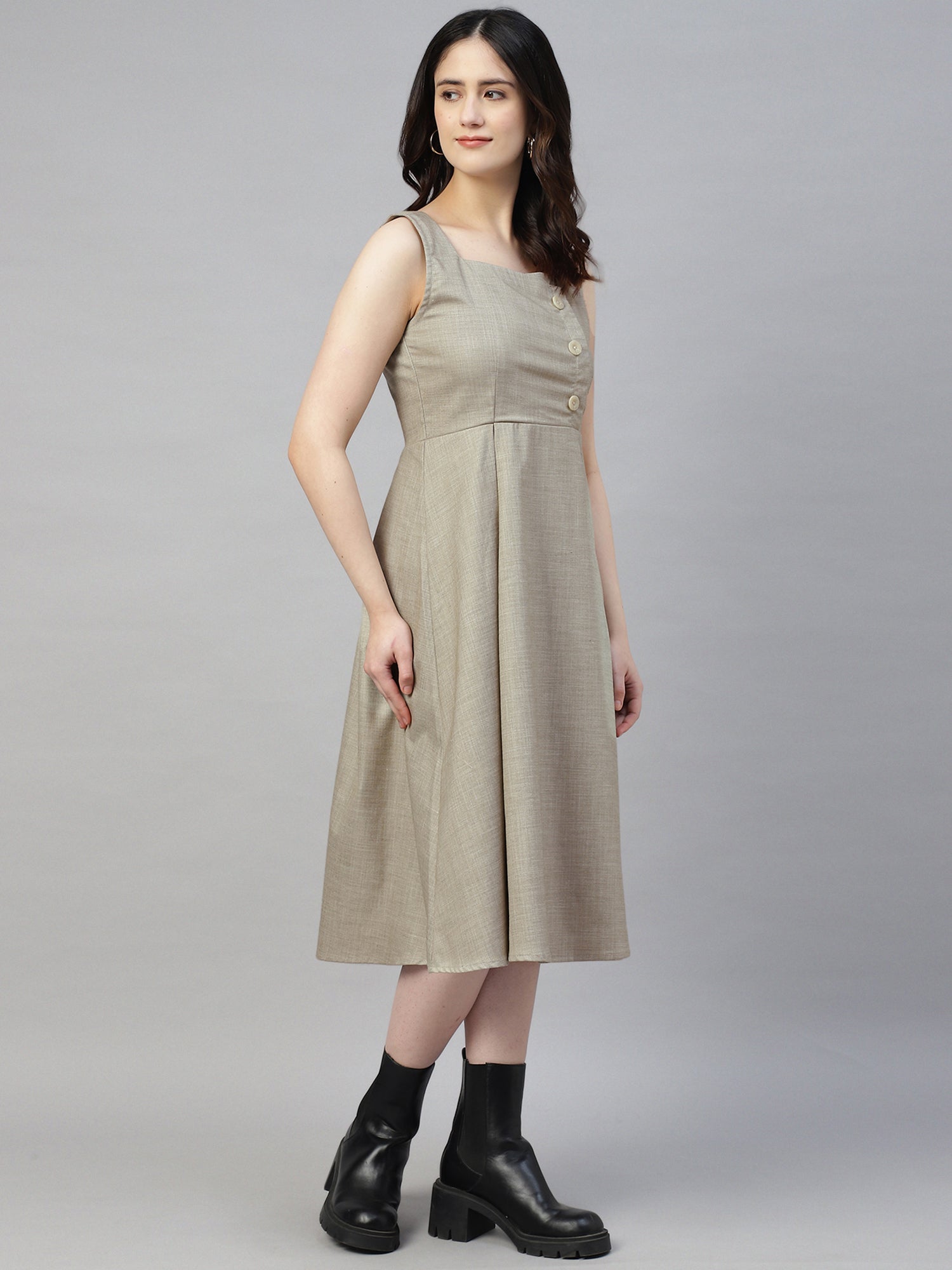 Women’s Stone Grey Buttoned Pinafore Midi Dress – Checked Calf-Length -2948