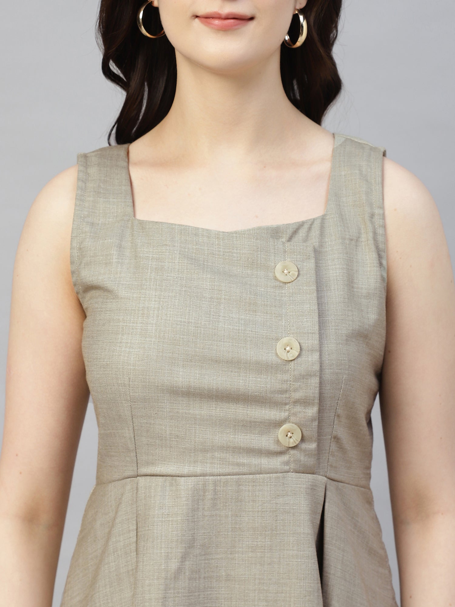 Women’s Stone Grey Buttoned Pinafore Midi Dress – Checked Calf-Length -2948