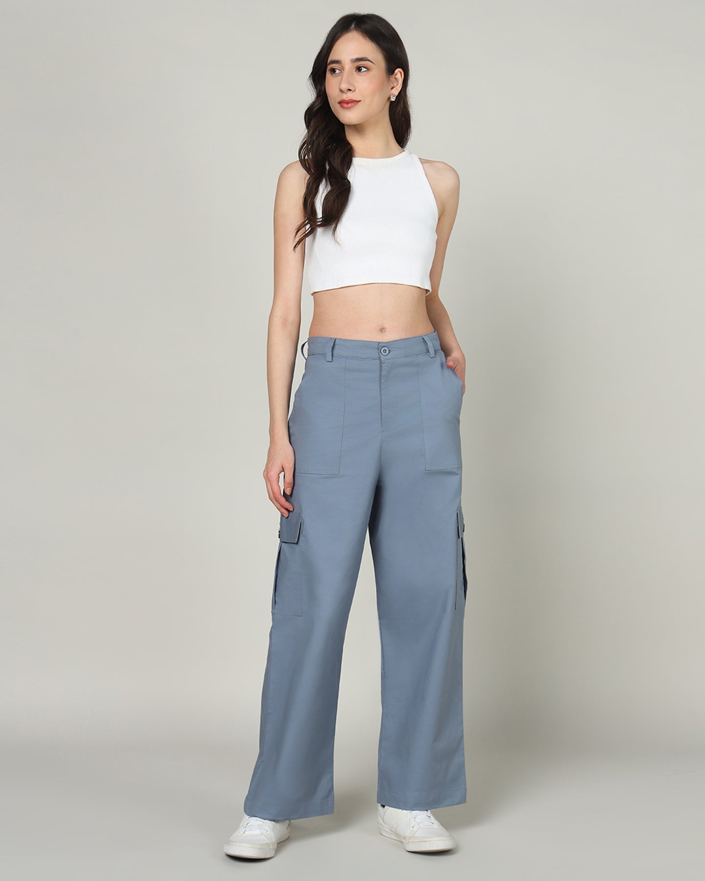 Women’s Blue Wide-Leg Cargo Pants with Flap Pockets - 3095