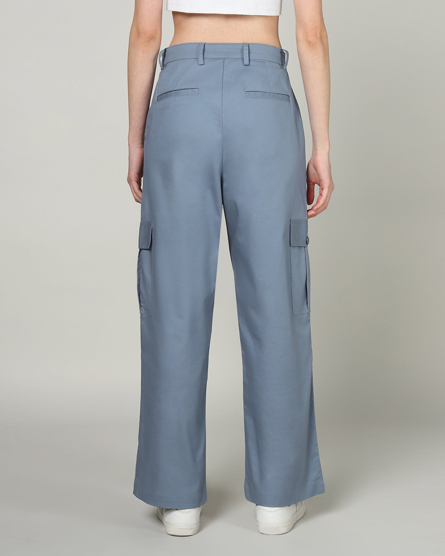 Women’s Blue Wide-Leg Cargo Pants with Flap Pockets - 3095