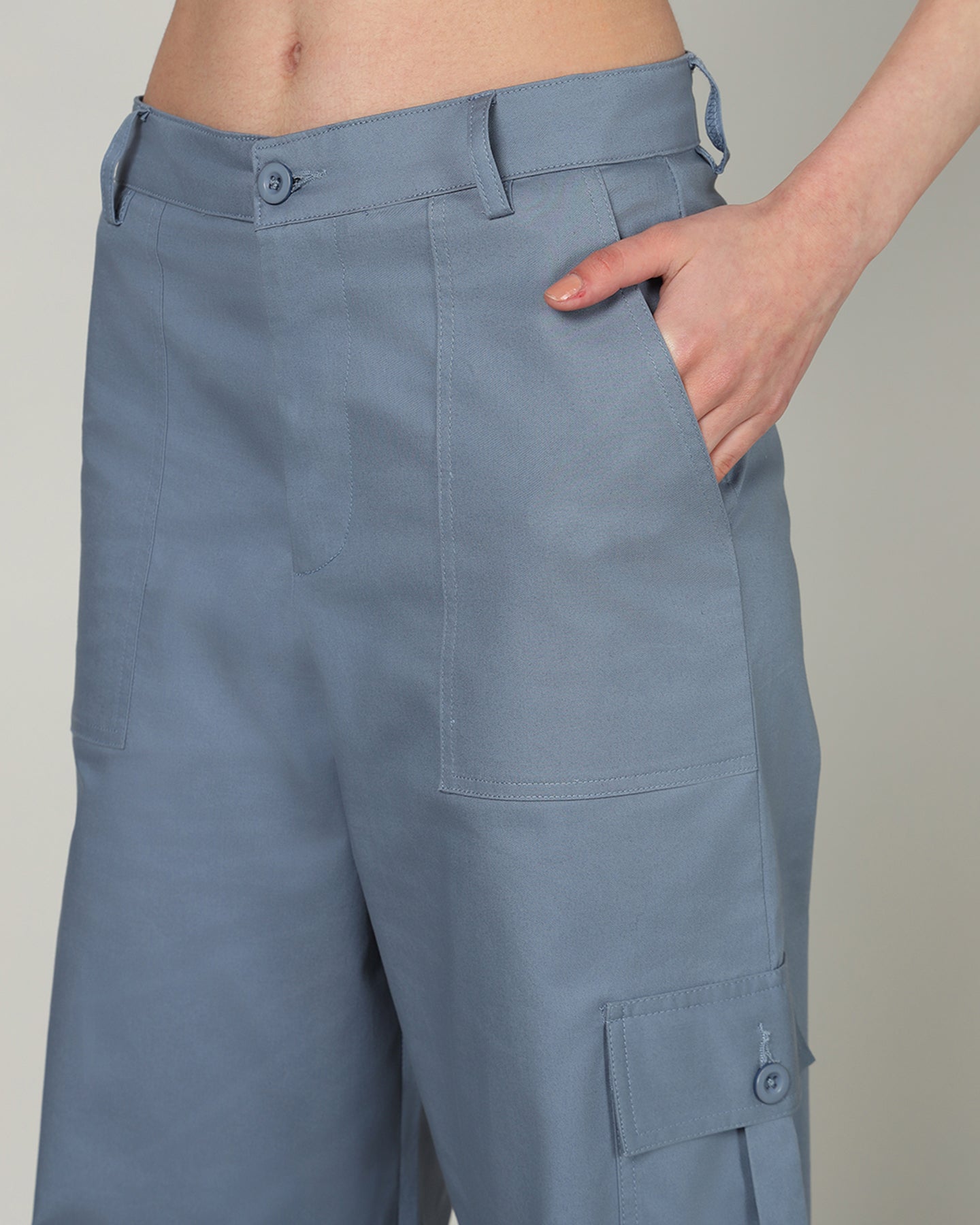 Women’s Blue Wide-Leg Cargo Pants with Flap Pockets - 3095