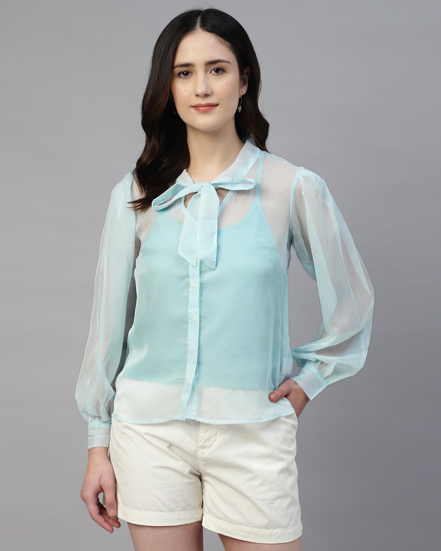 Blue organza neck tie shirt with camisole- 2815