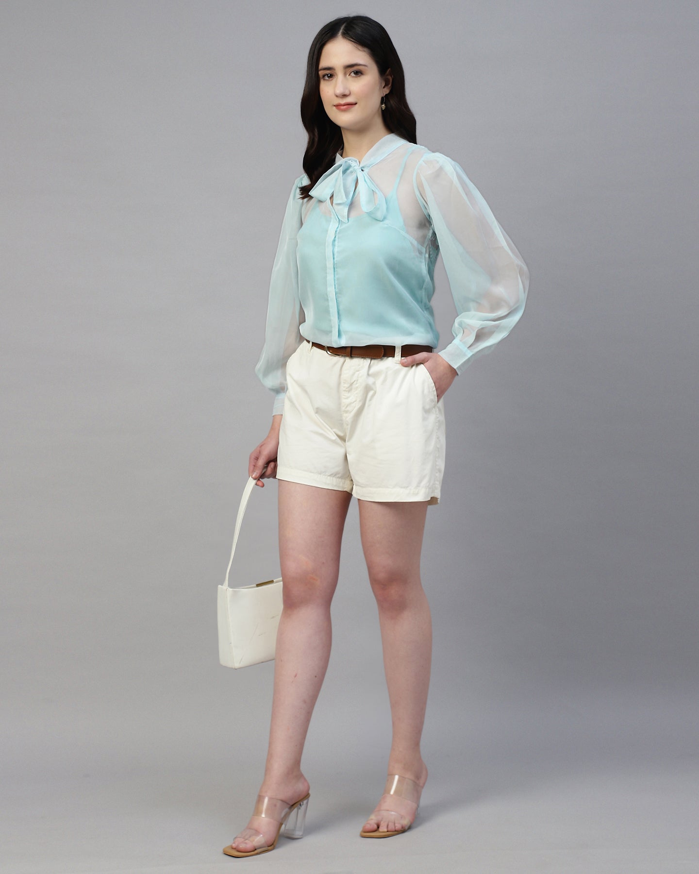 Blue organza neck tie shirt with camisole- 2815