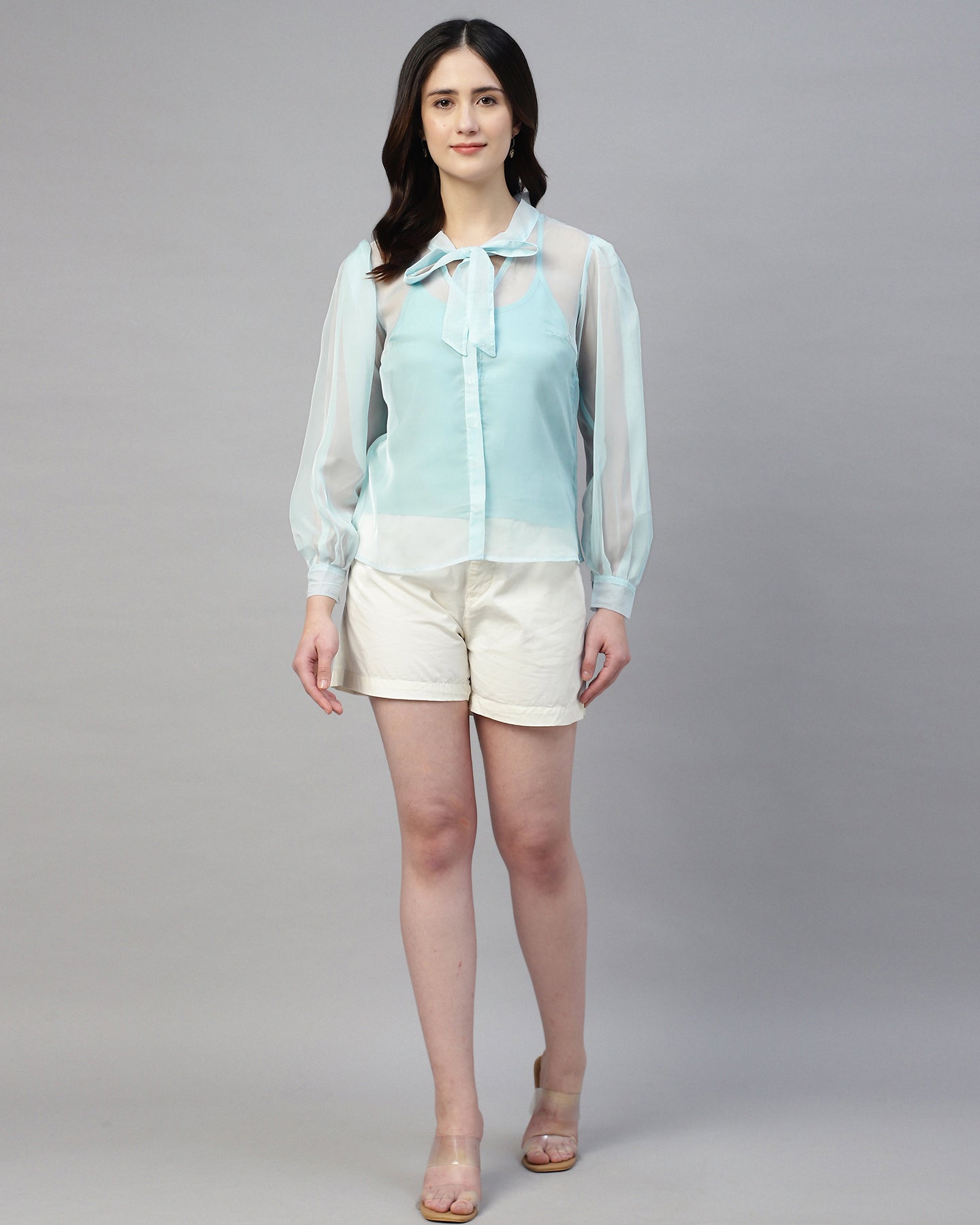 Blue organza neck tie shirt with camisole- 2815