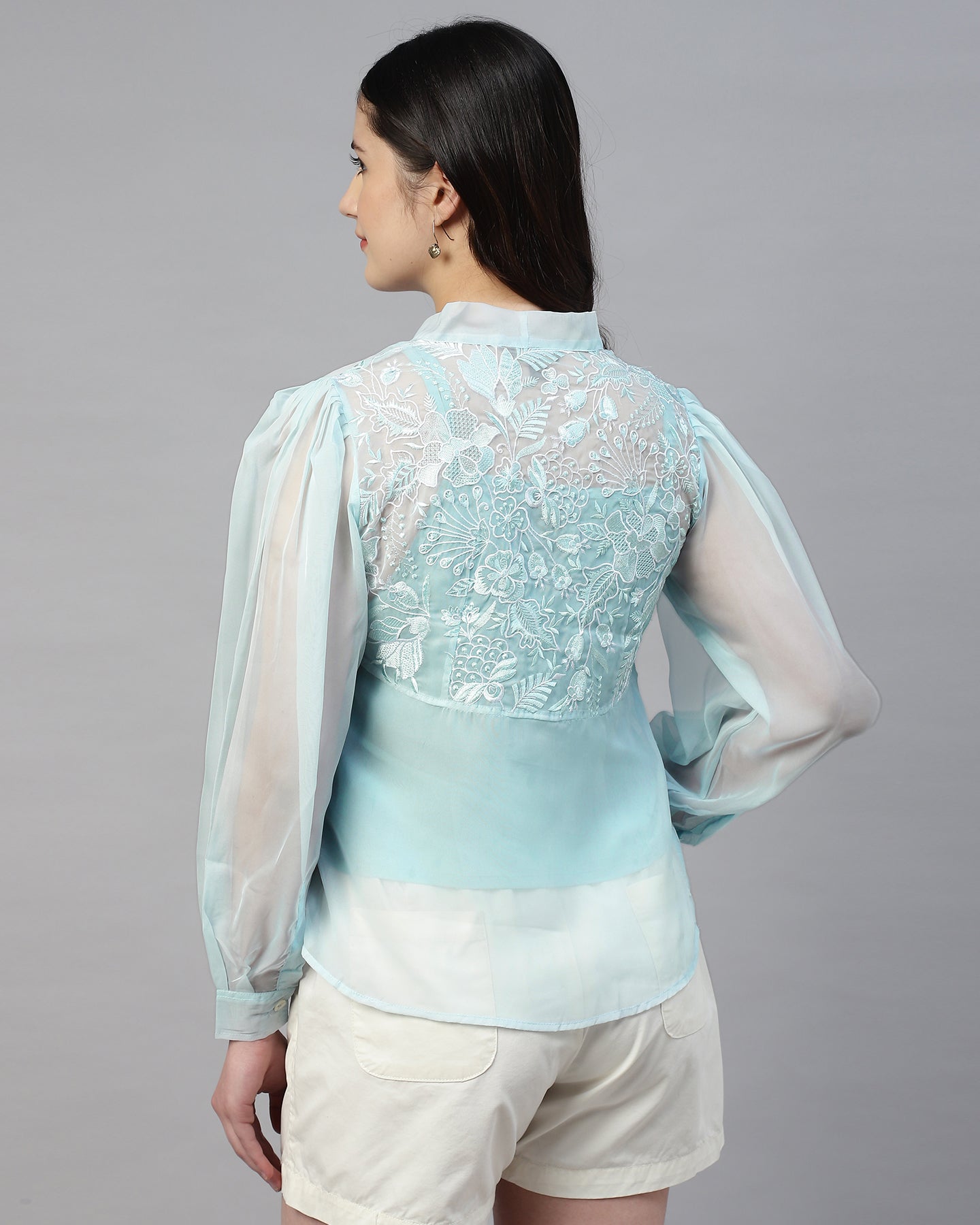 Blue organza neck tie shirt with camisole- 2815