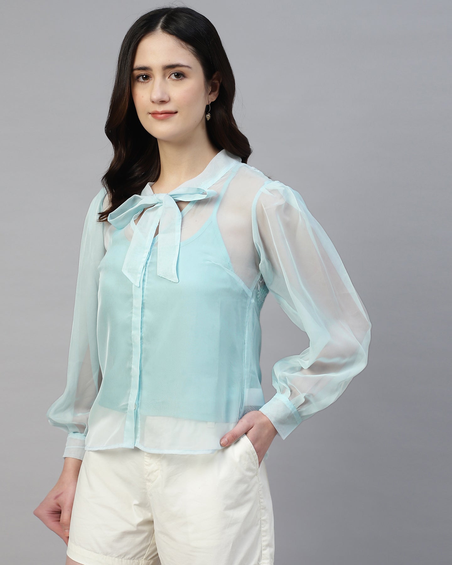 Blue organza neck tie shirt with camisole- 2815