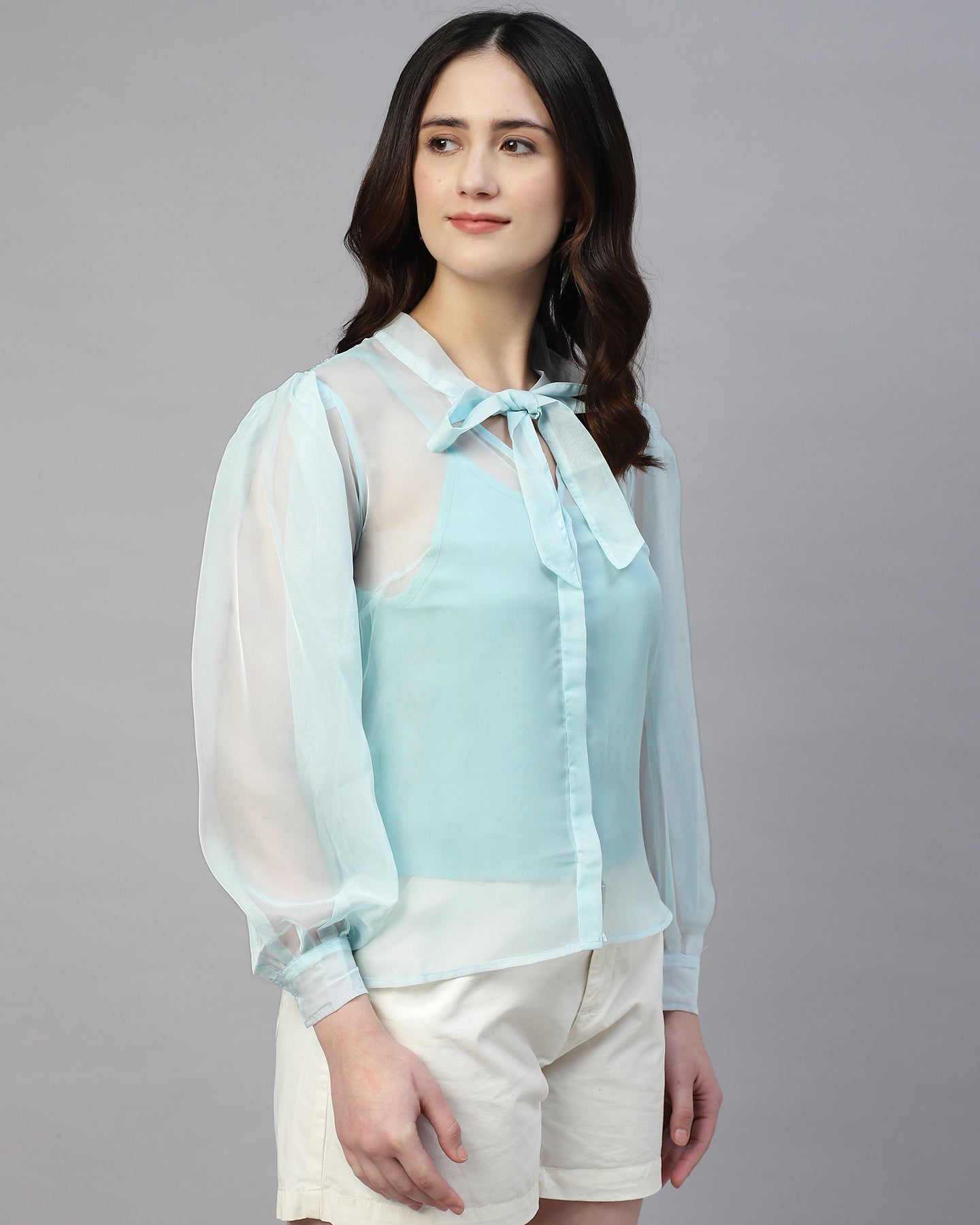 Blue organza neck tie shirt with camisole- 2815