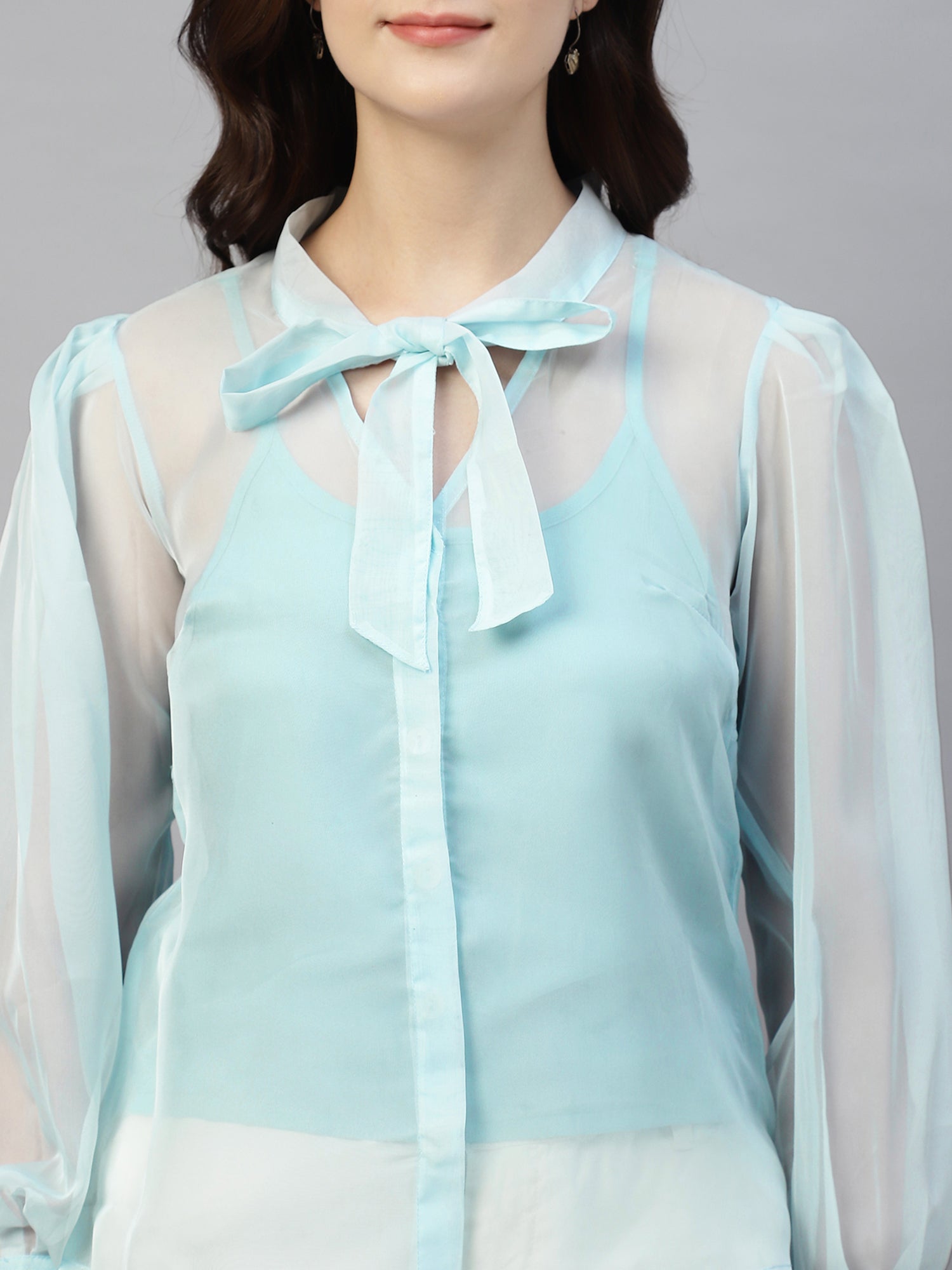 Blue organza neck tie shirt with camisole- 2815
