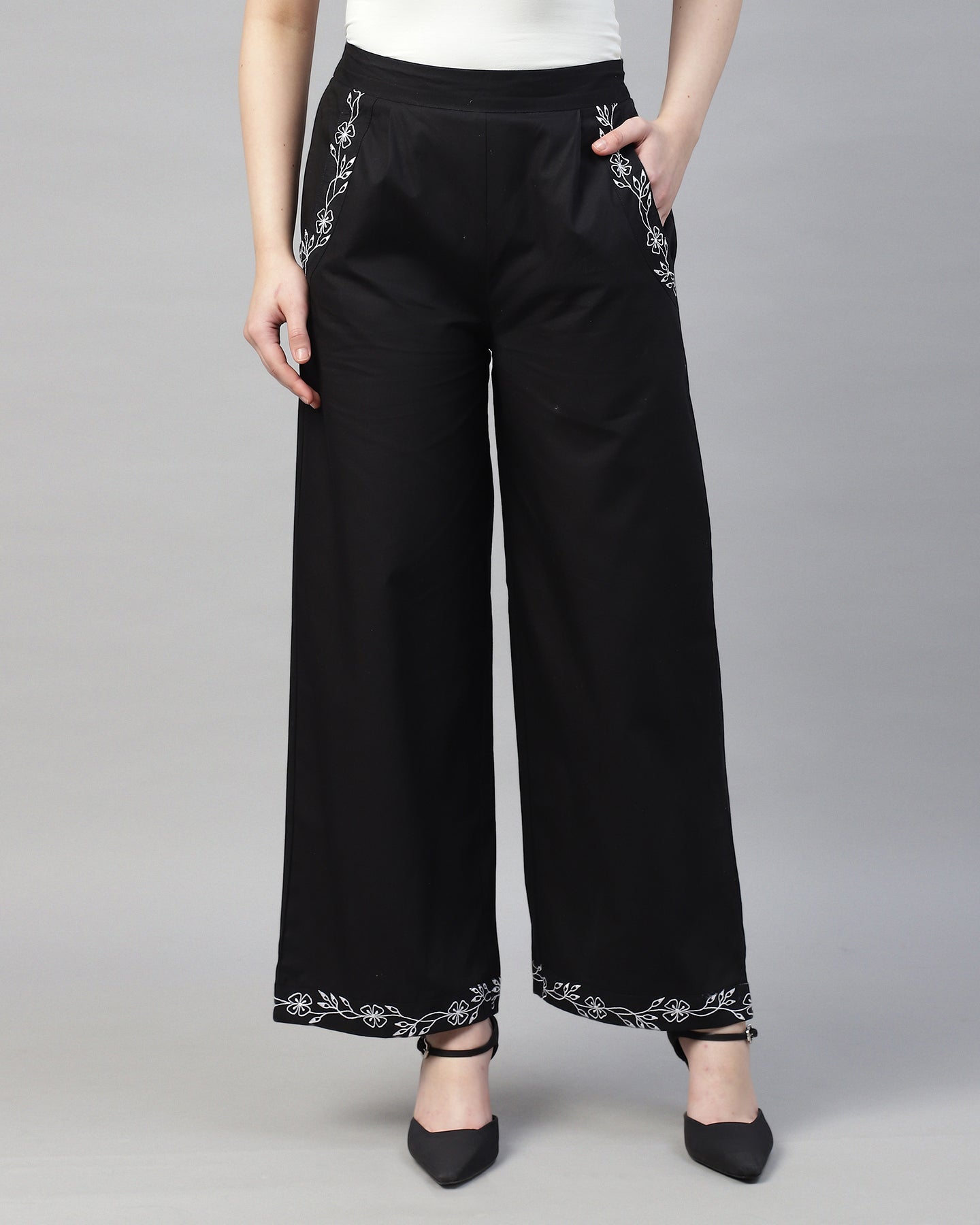 Women’s Black Poplin Embroidered High-Waist Trousers – Casual Pants- 2946