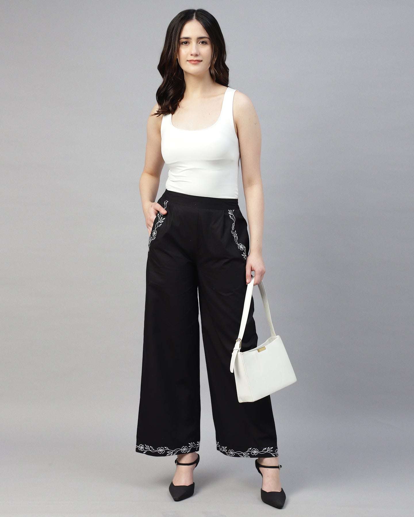 Women’s Black Poplin Embroidered High-Waist Trousers – Casual Pants- 2946