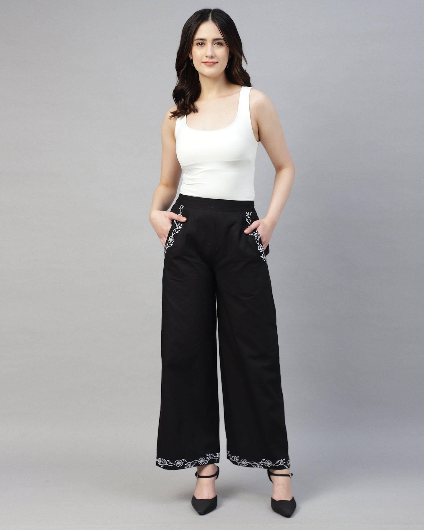 Women’s Black Poplin Embroidered High-Waist Trousers – Casual Pants- 2946