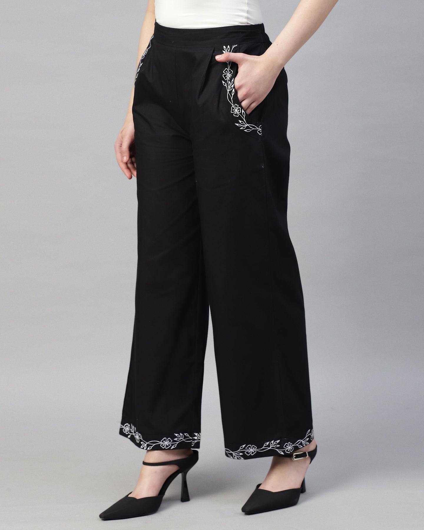 Women’s Black Poplin Embroidered High-Waist Trousers – Casual Pants- 2946