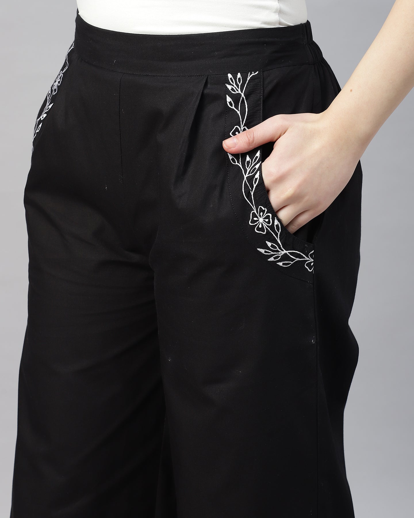 Women’s Black Poplin Embroidered High-Waist Trousers – Casual Pants- 2946