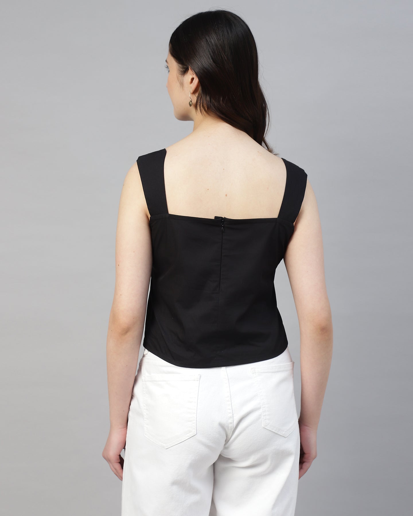 Women’s Black Poplin Embroidered Sweetheart Neck Top -2945