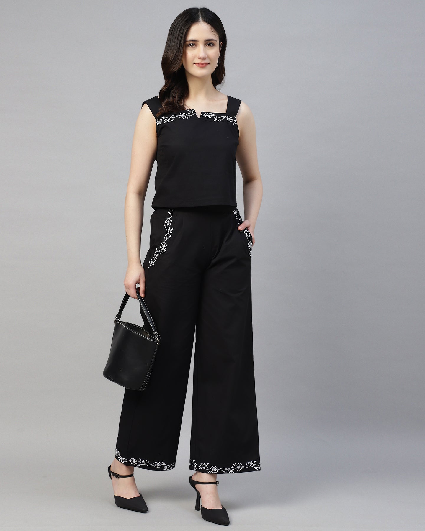 Women’s Black Poplin Embroidered Co-ord Set – Two-Piece Outfit -2944