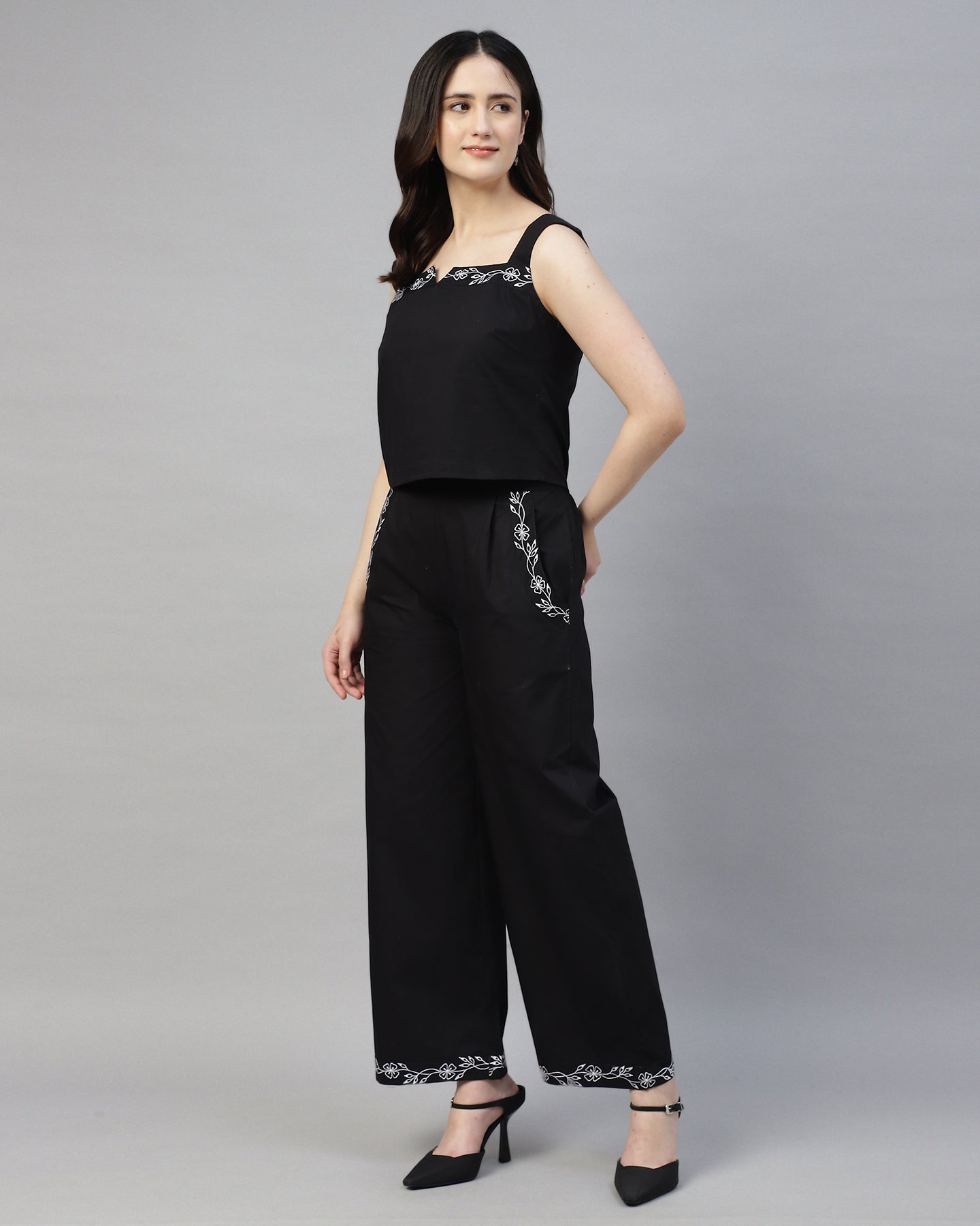 Women’s Black Poplin Embroidered Co-ord Set – Two-Piece Outfit -2944