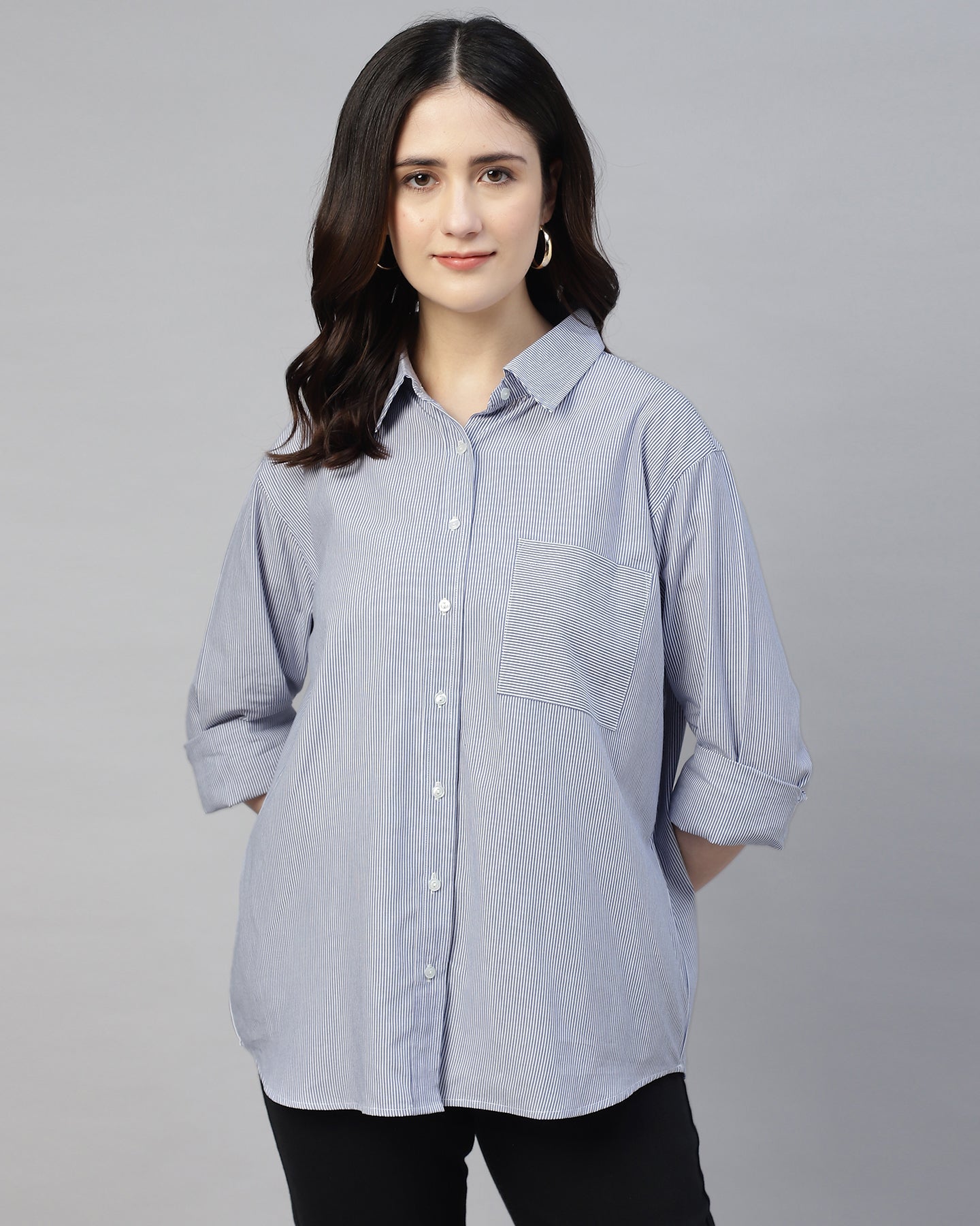 Women’s Blue Striped Oversized Shirt – Casual Relaxed Fit Button-Up- 2954