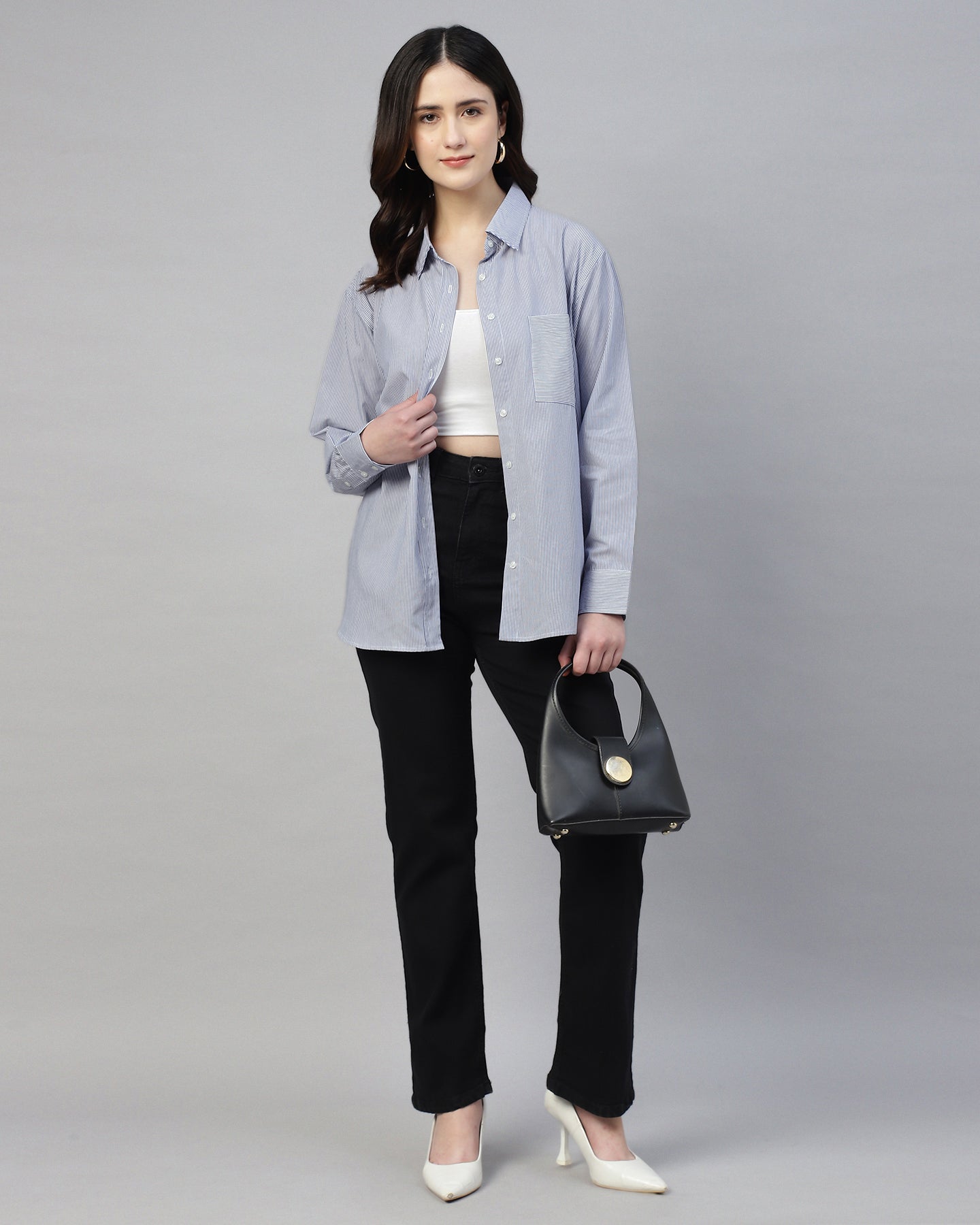 Women’s Blue Striped Oversized Shirt – Casual Relaxed Fit Button-Up- 2954
