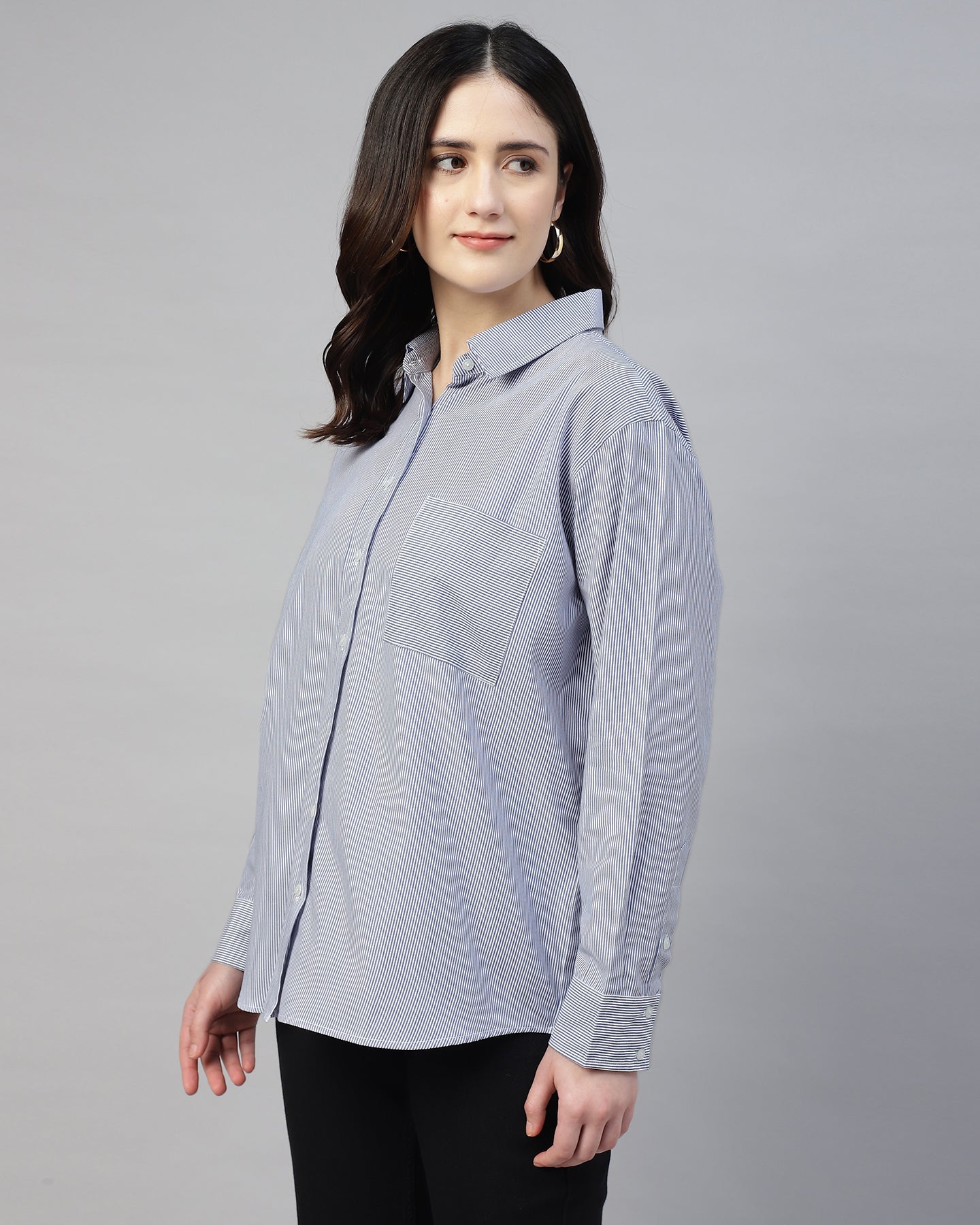 Women’s Blue Striped Oversized Shirt – Casual Relaxed Fit Button-Up- 2954