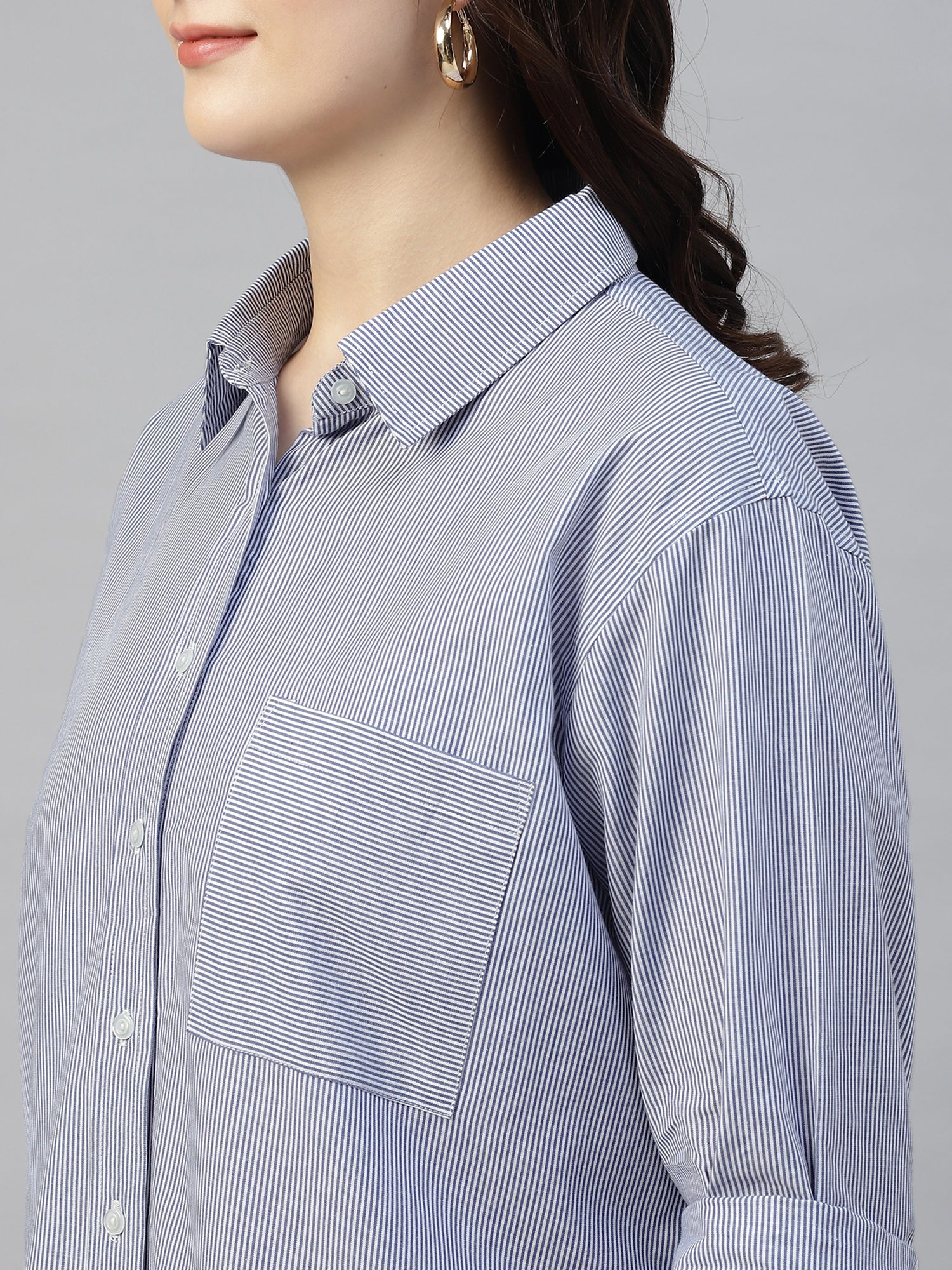 Women’s Blue Striped Oversized Shirt – Casual Relaxed Fit Button-Up- 2954