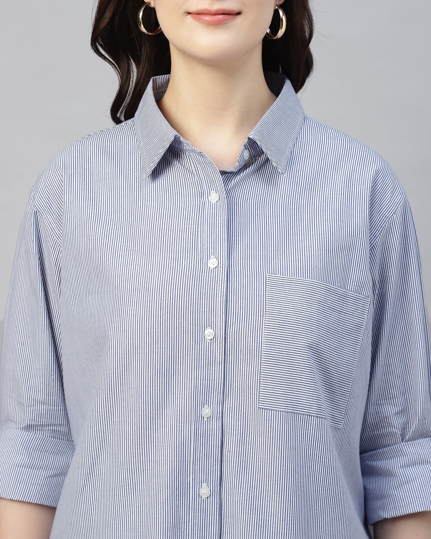 Women’s Blue Striped Oversized Shirt – Casual Relaxed Fit Button-Up- 2954