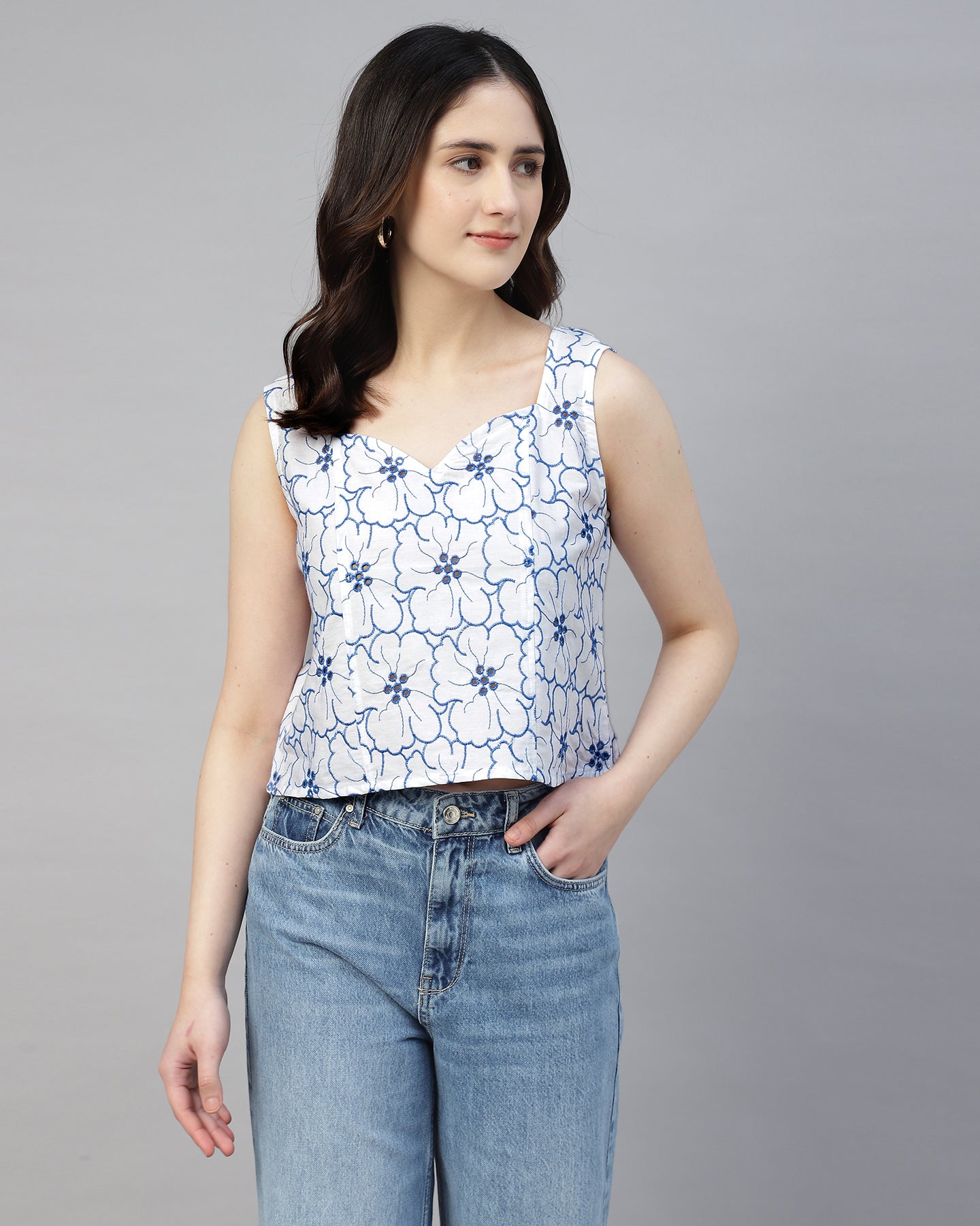 Women’s Embroidered White Schiffli Sweetheart Neck Top- 2942