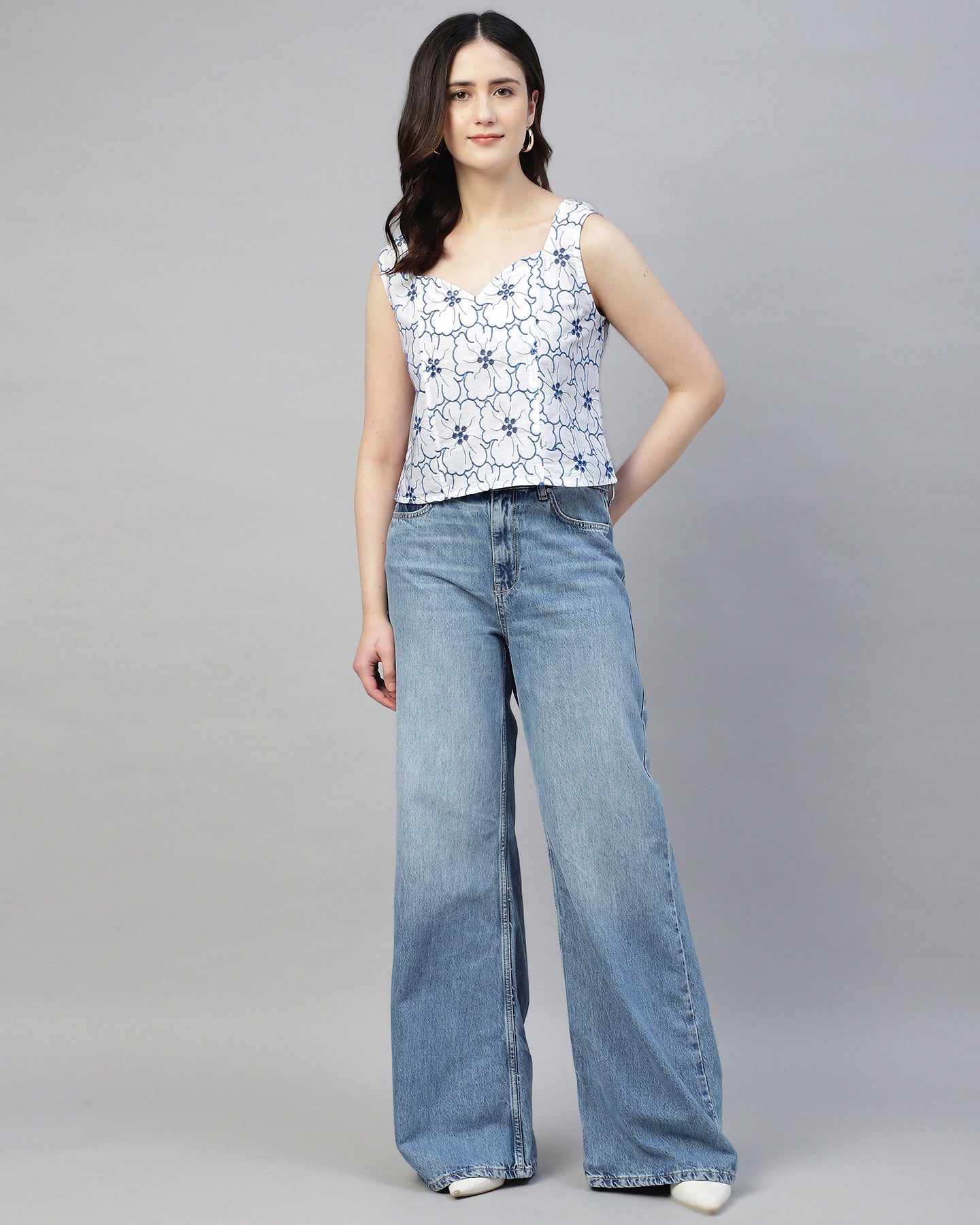 Women’s Embroidered White Schiffli Sweetheart Neck Top- 2942