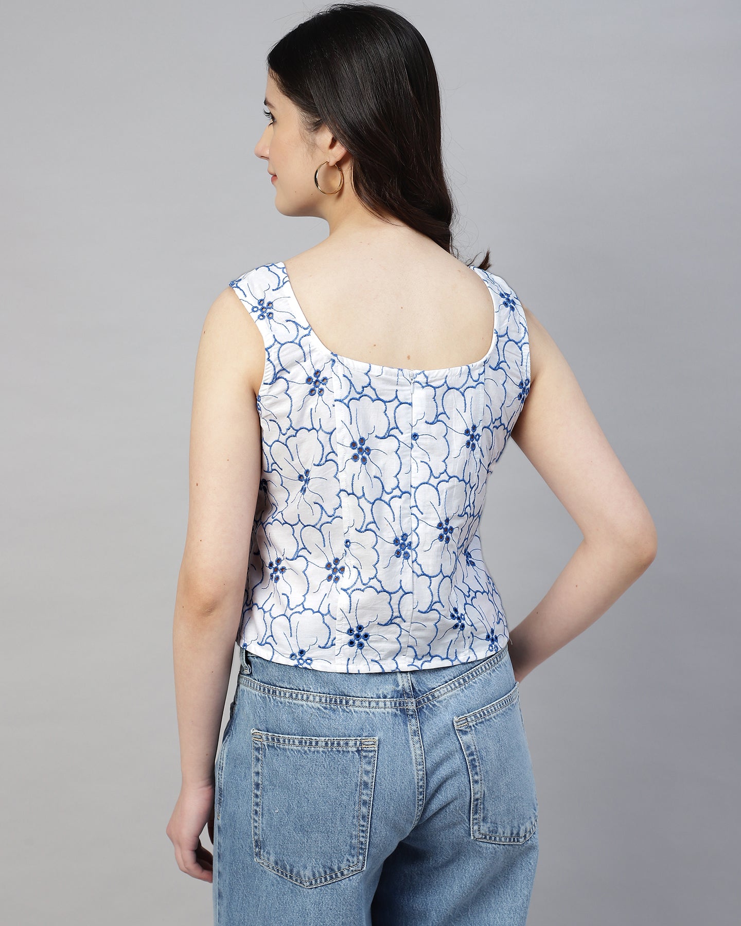 Women’s Embroidered White Schiffli Sweetheart Neck Top- 2942