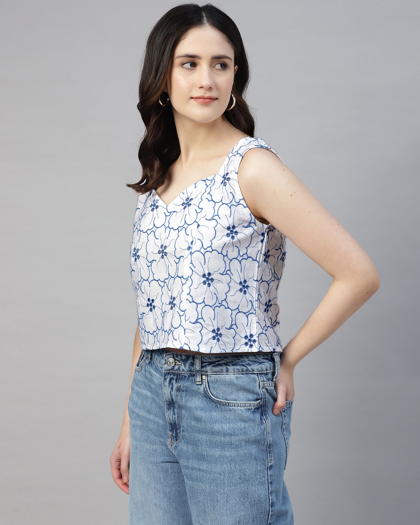 Women’s Embroidered White Schiffli Sweetheart Neck Top- 2942