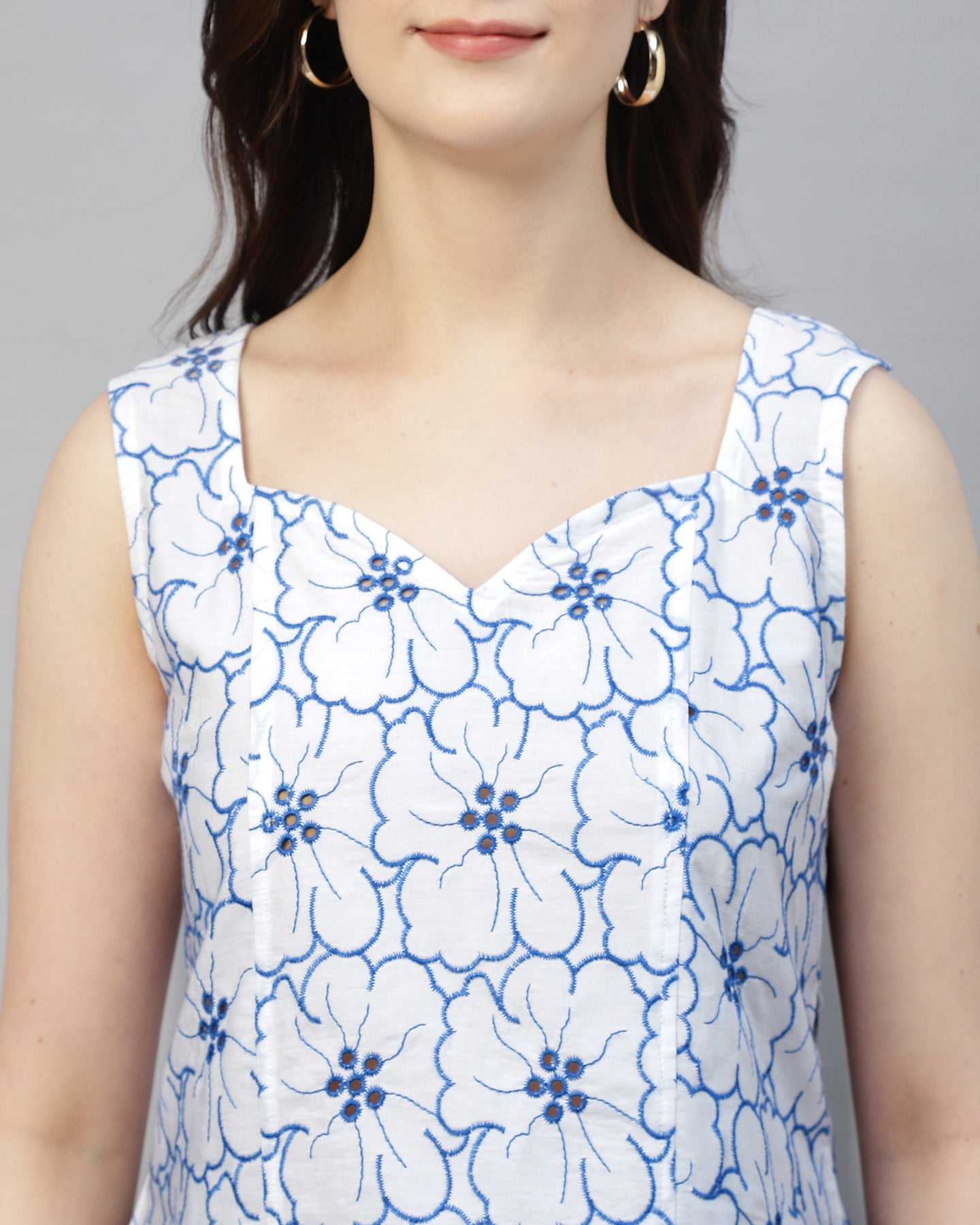 Women’s Embroidered White Schiffli Sweetheart Neck Top- 2942