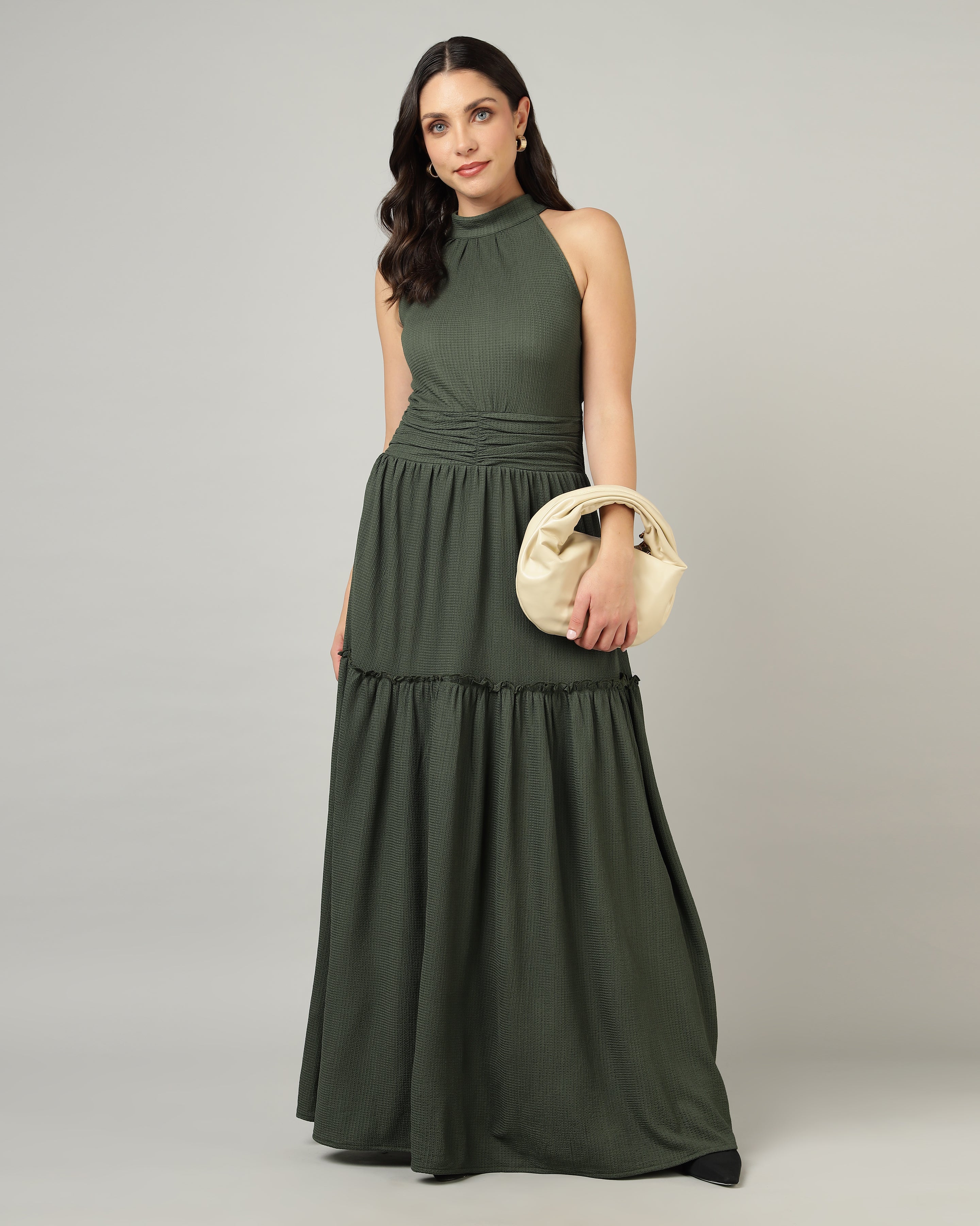 Women’s Olive Halter Neck Gathered Maxi Dress-3079
