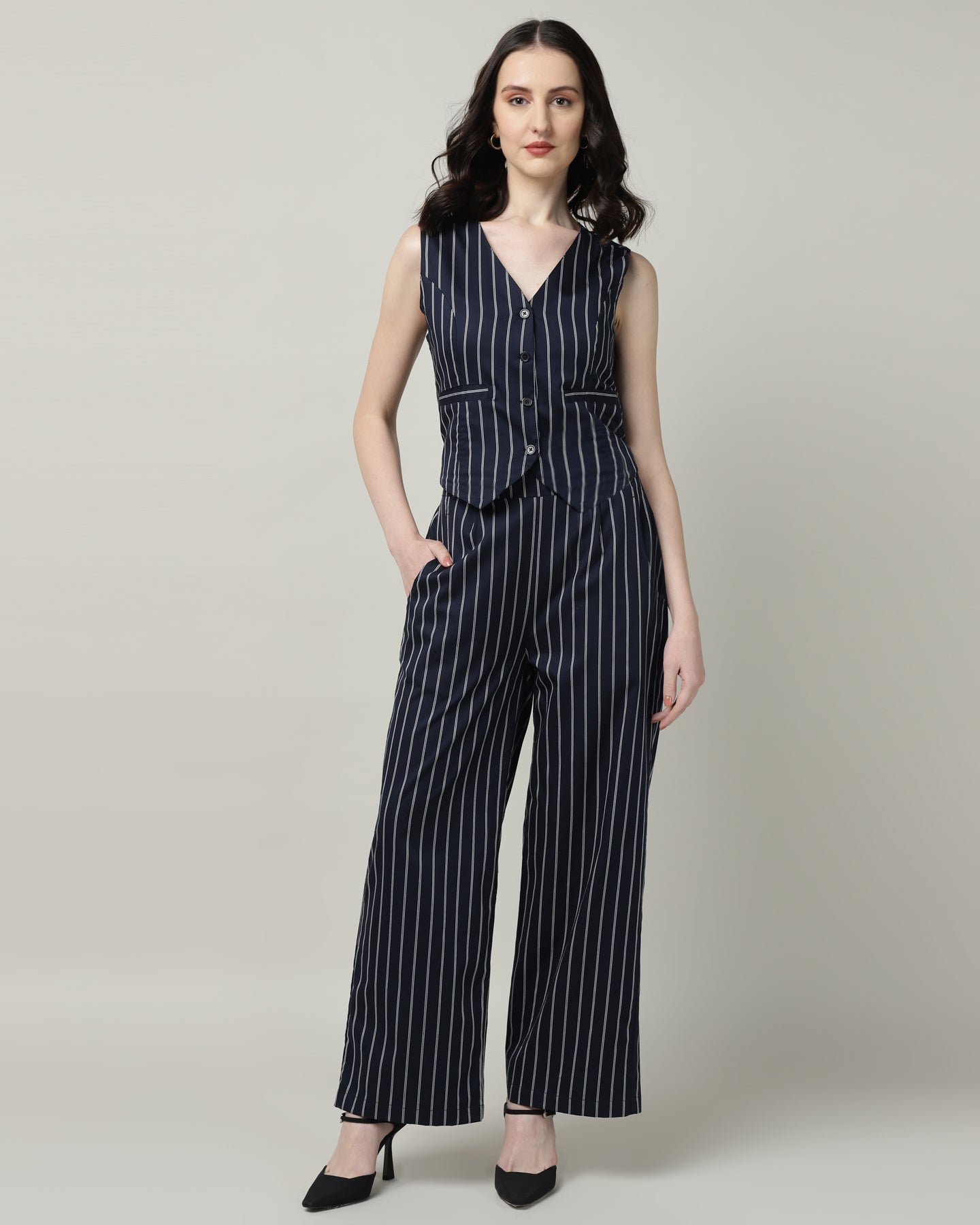 Women’s White & Blue Striped Vest and High-Waist Trouser Co-ord Set – Two-Piece Outfit-3086