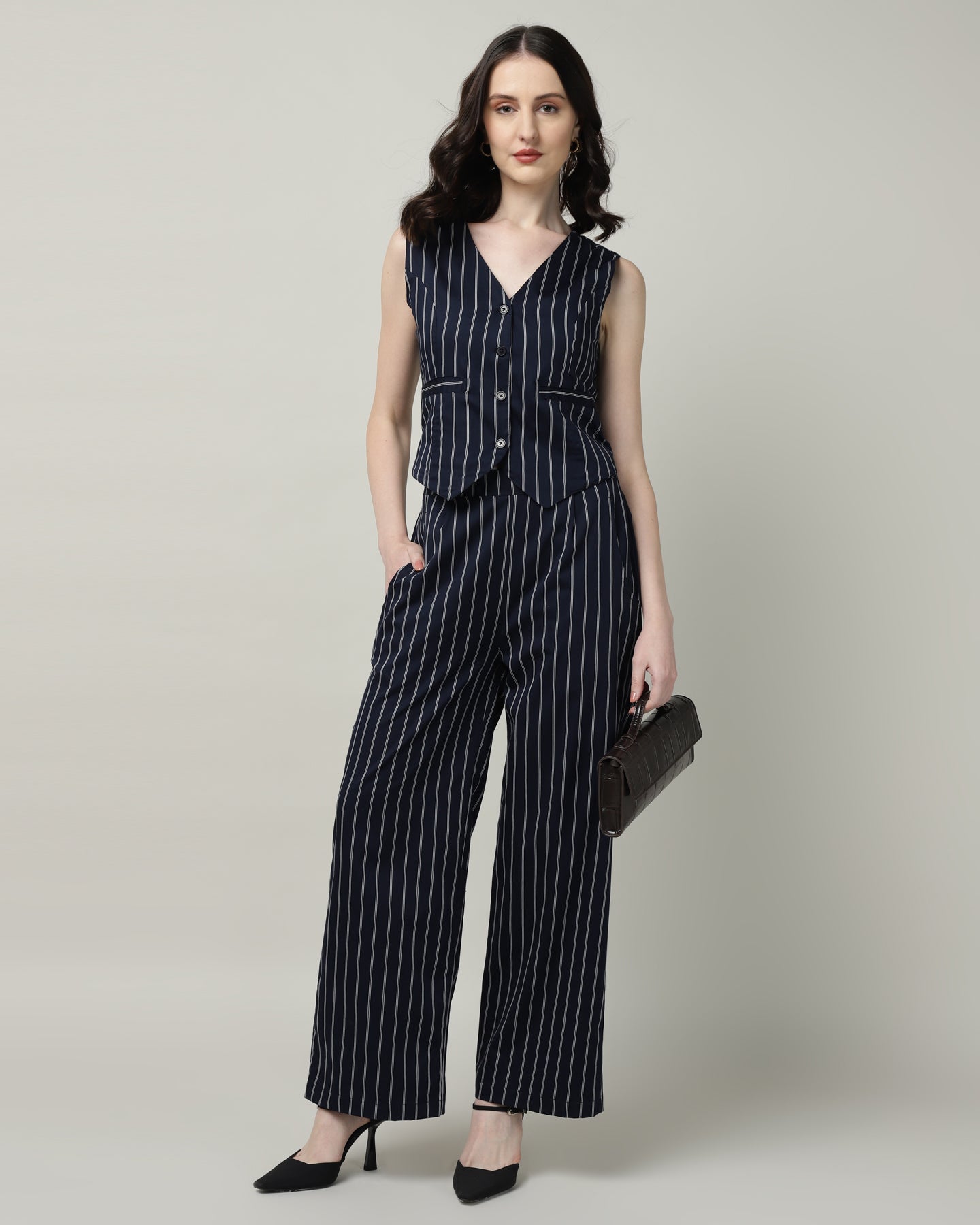 Women’s White & Blue Striped Vest and High-Waist Trouser Co-ord Set – Two-Piece Outfit-3086