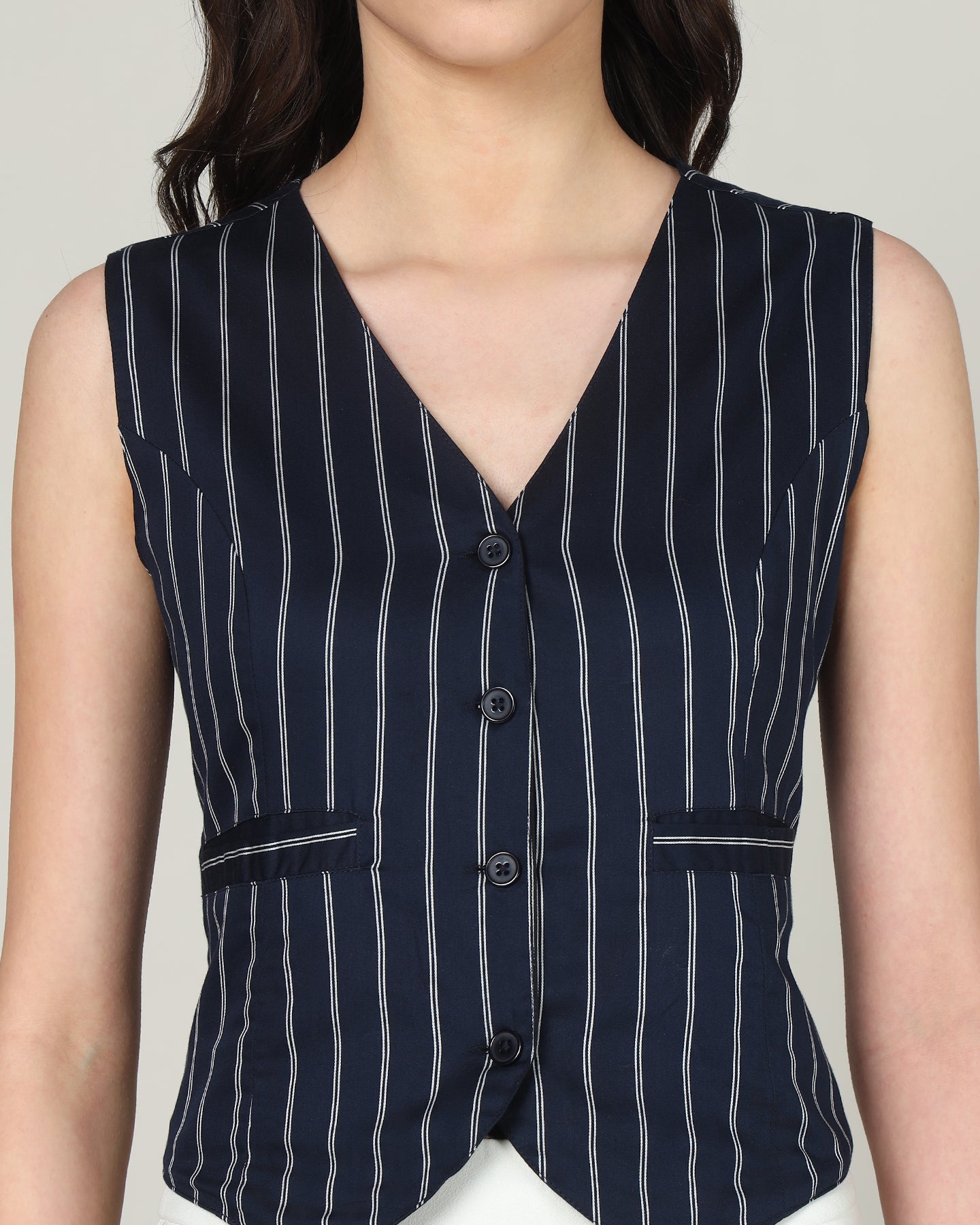 Women’s White & Blue Striped Sleeveless V-Neck Waistcoat Vest - 3084