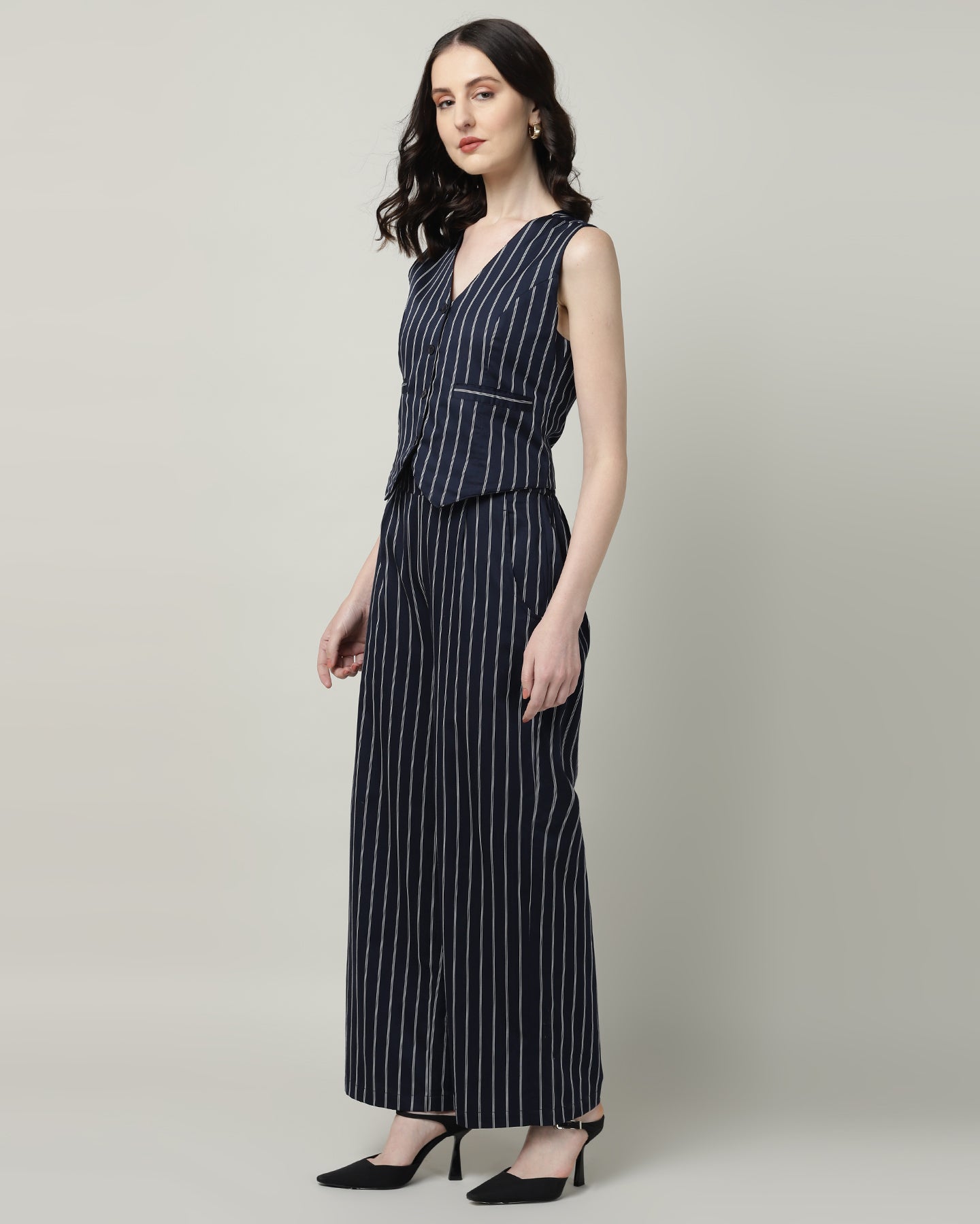 Women’s White & Blue Striped Vest and High-Waist Trouser Co-ord Set – Two-Piece Outfit-3086