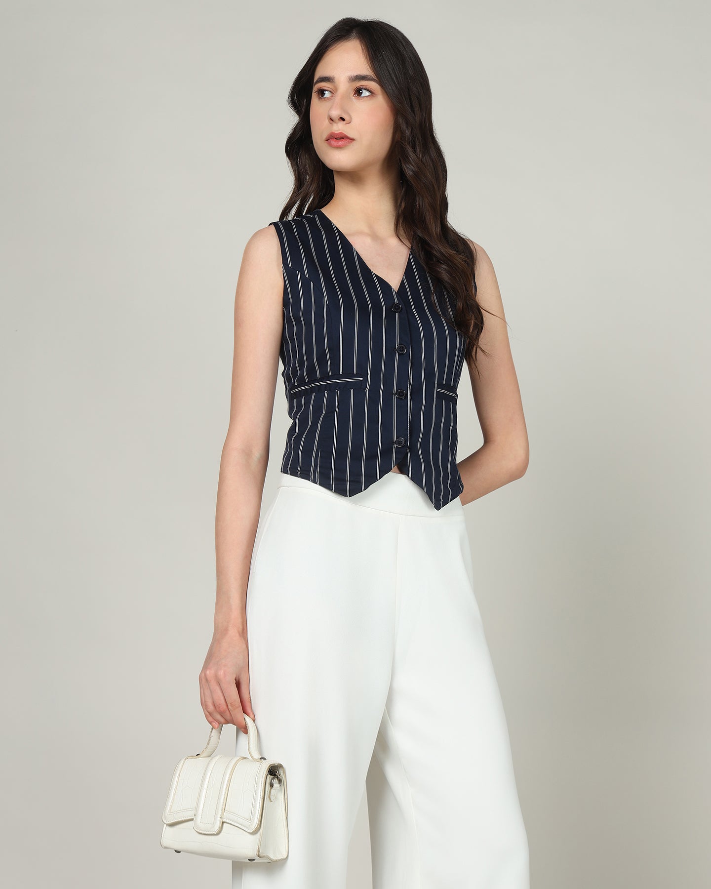 Women’s White & Blue Striped Sleeveless V-Neck Waistcoat Vest - 3084