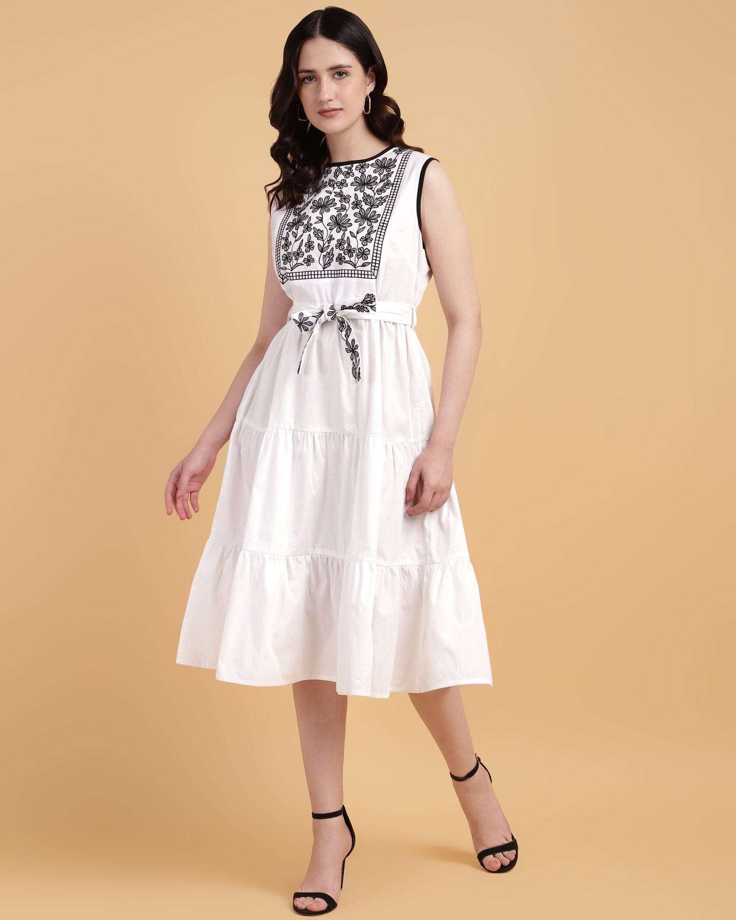 Women’s White Yoke Embroidered Poplin Midi Dress - 1568