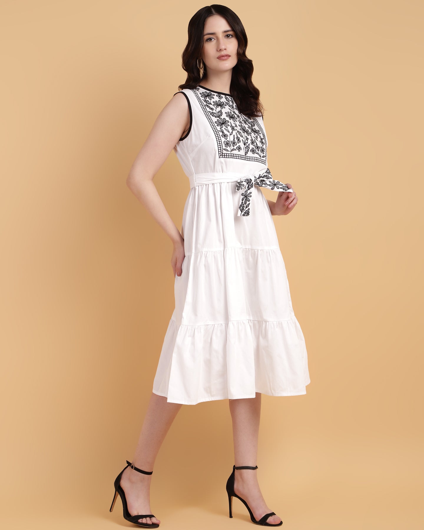 Women’s White Yoke Embroidered Poplin Midi Dress - 1568