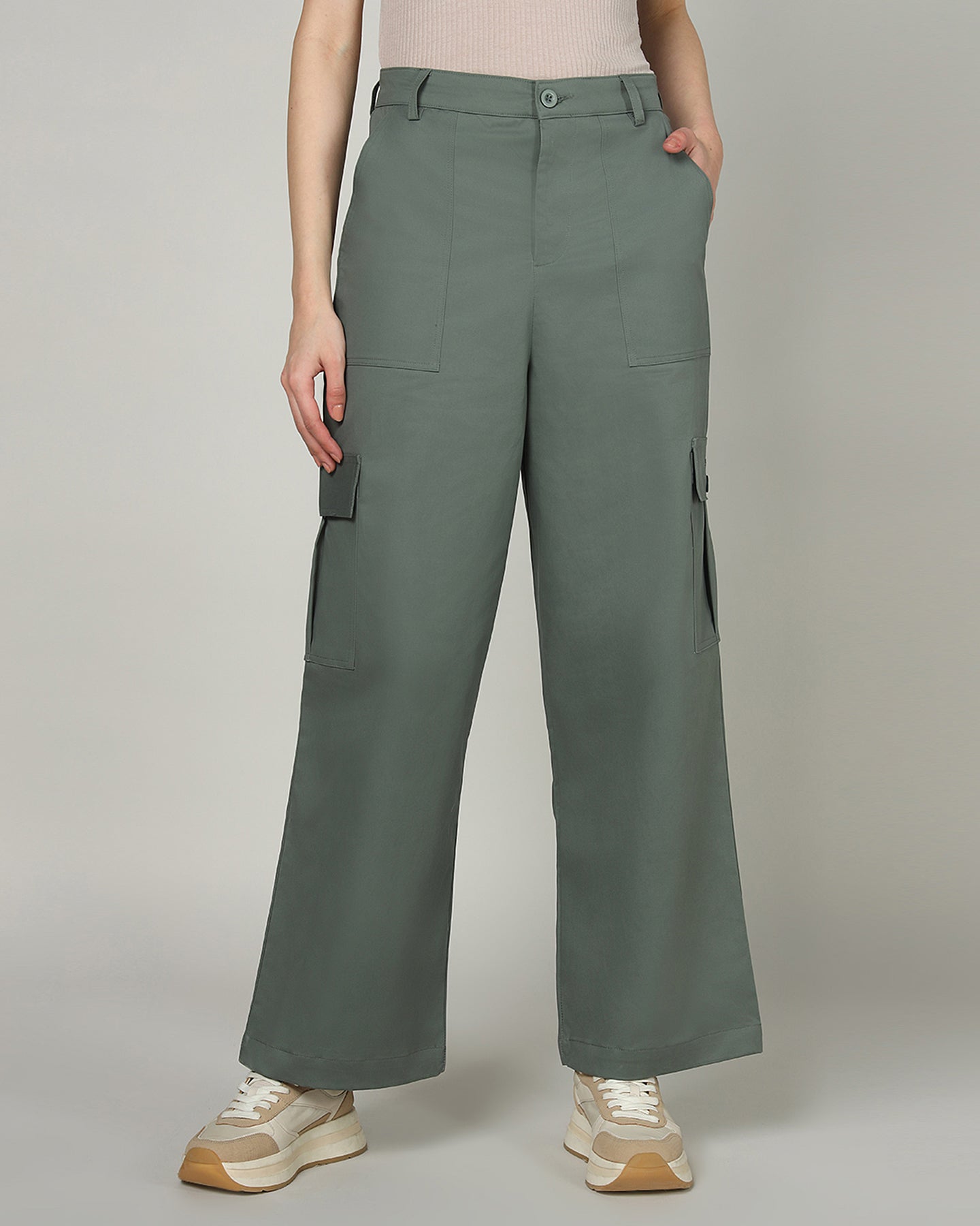 Women’s Dusky Aloe Green Wide-Leg Cargo Pants with Flap Pockets - 3097
