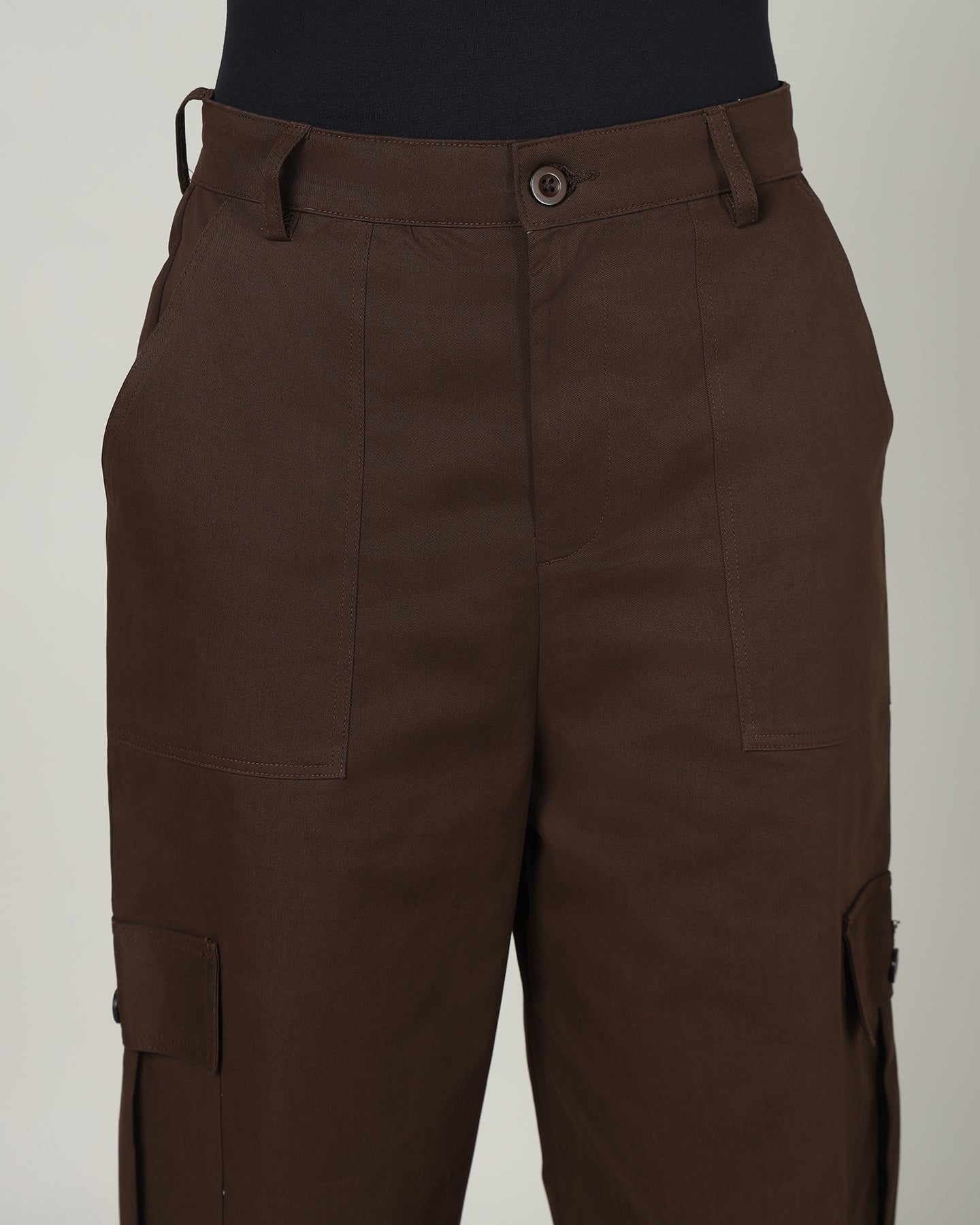 Women’s Dark Brown Wide-Leg Cargo Pants with Flap Pockets -3098